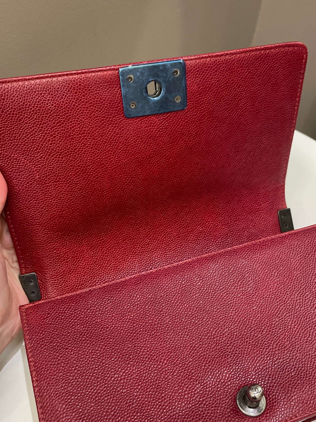 Chanel 14B Quilted Boy Old Medium Deep Red Rigid Caviar