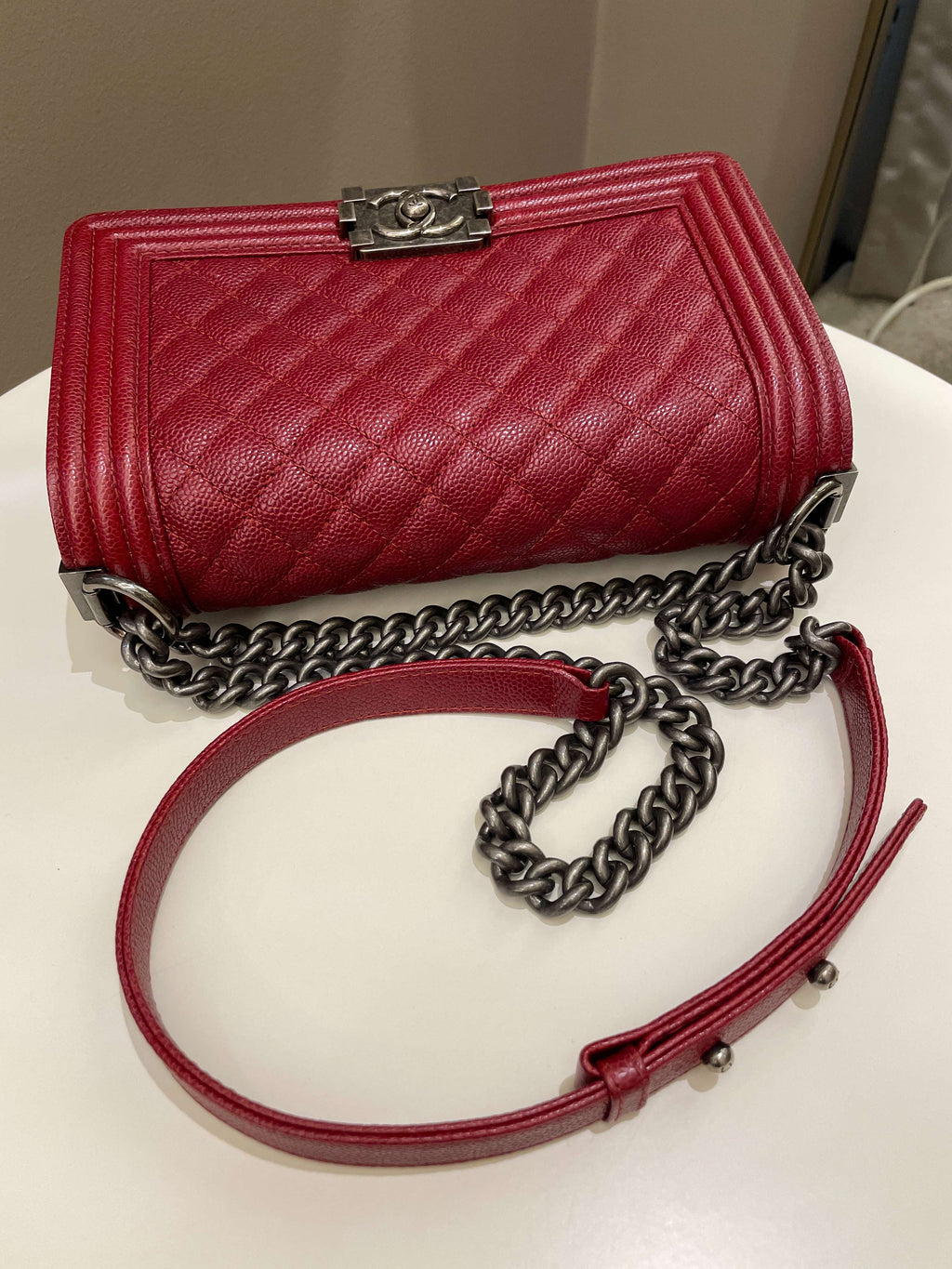 Chanel 14B Quilted Boy Old Medium Deep Red Rigid Caviar