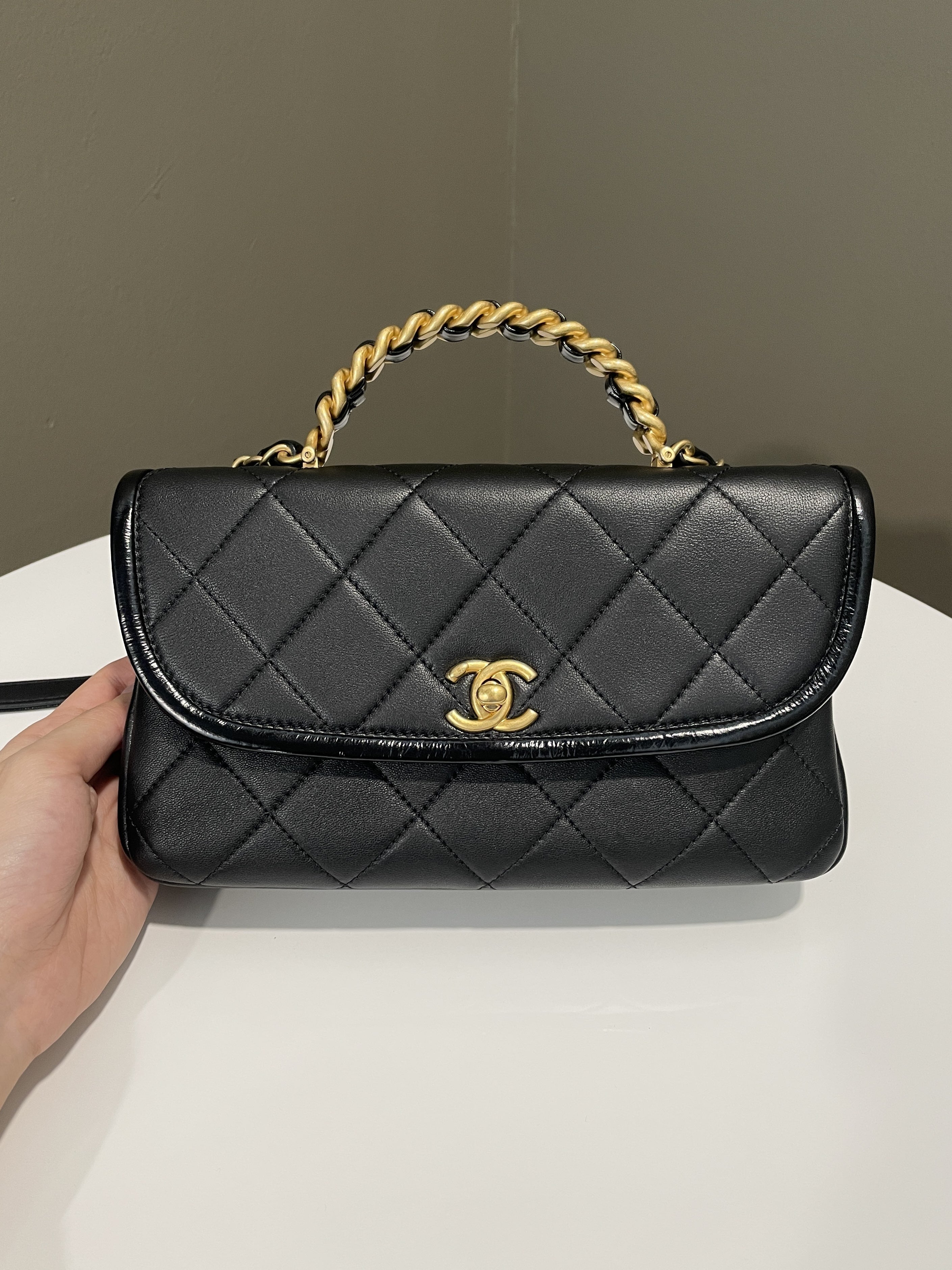 Chanel Quilted Chain Top Handle Flap Black Calfskin