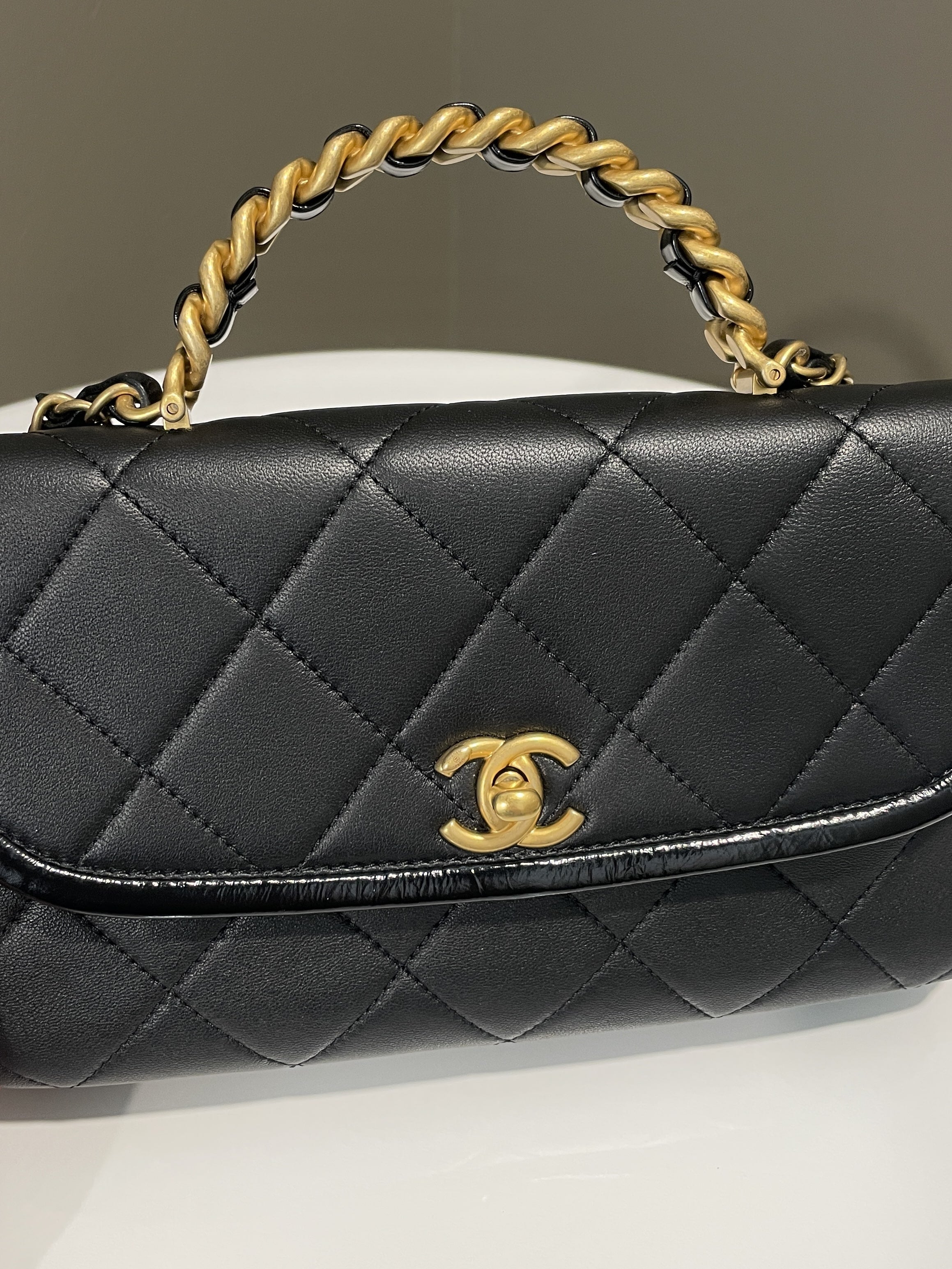 Chanel Quilted Chain Top Handle Flap Black Calfskin