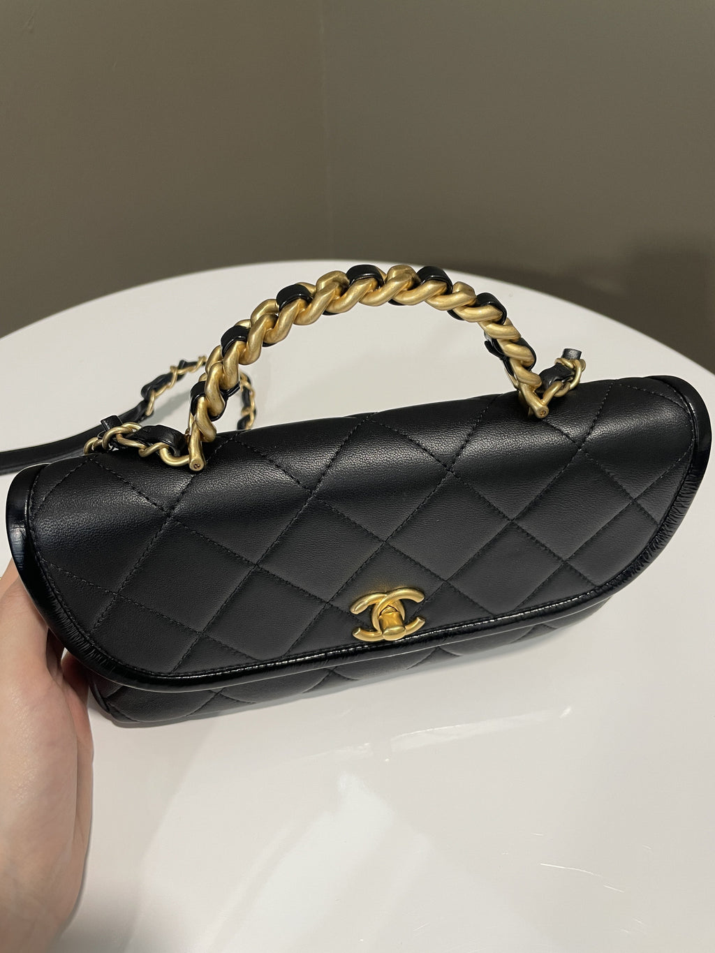 Chanel Quilted Chain Top Handle Flap Black Calfskin