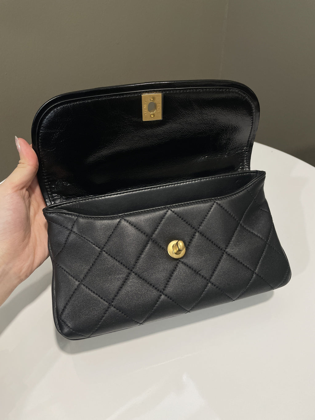 Chanel Quilted Chain Top Handle Flap Black Calfskin