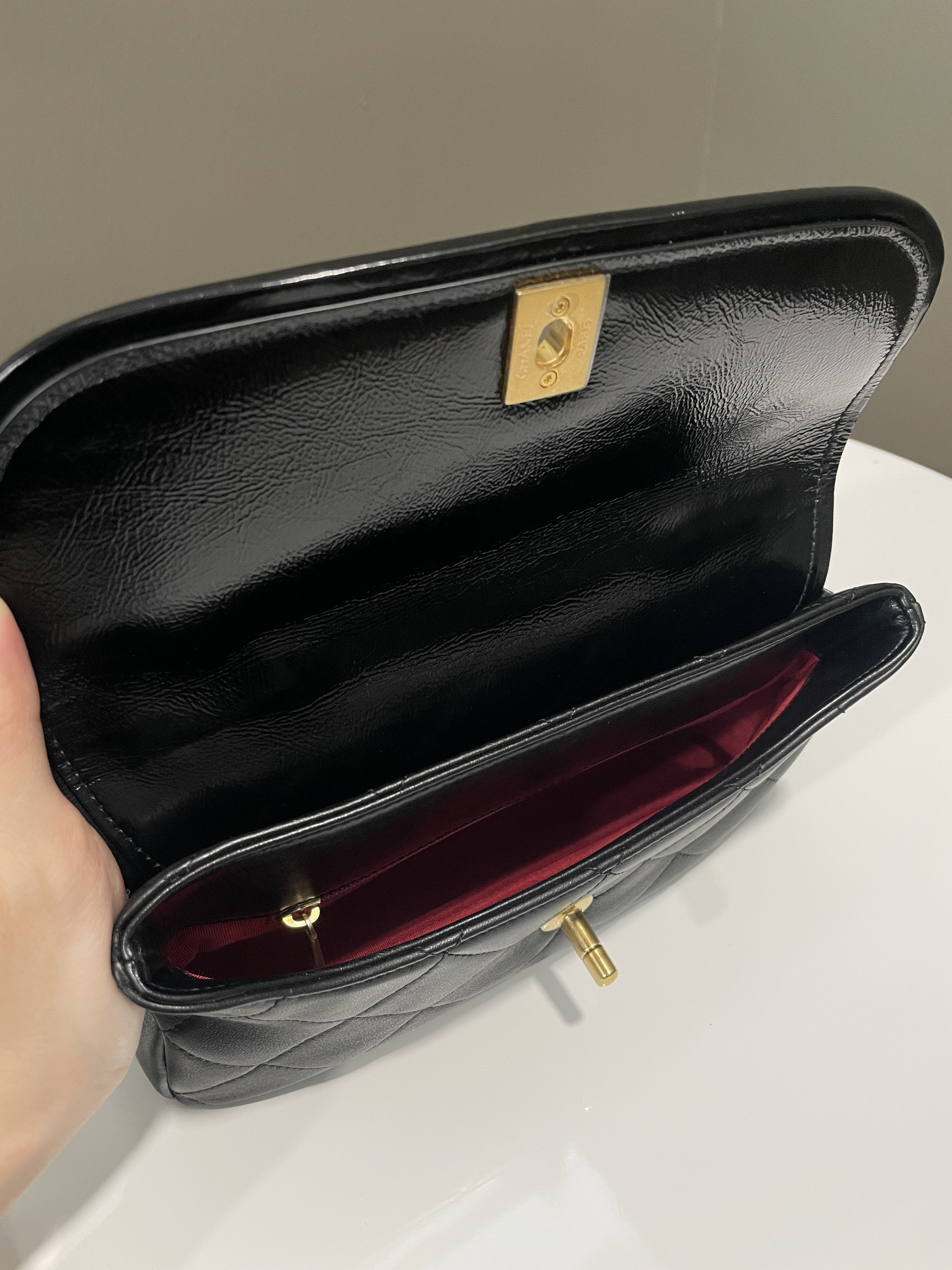 Chanel Quilted Chain Top Handle Flap Black Calfskin
