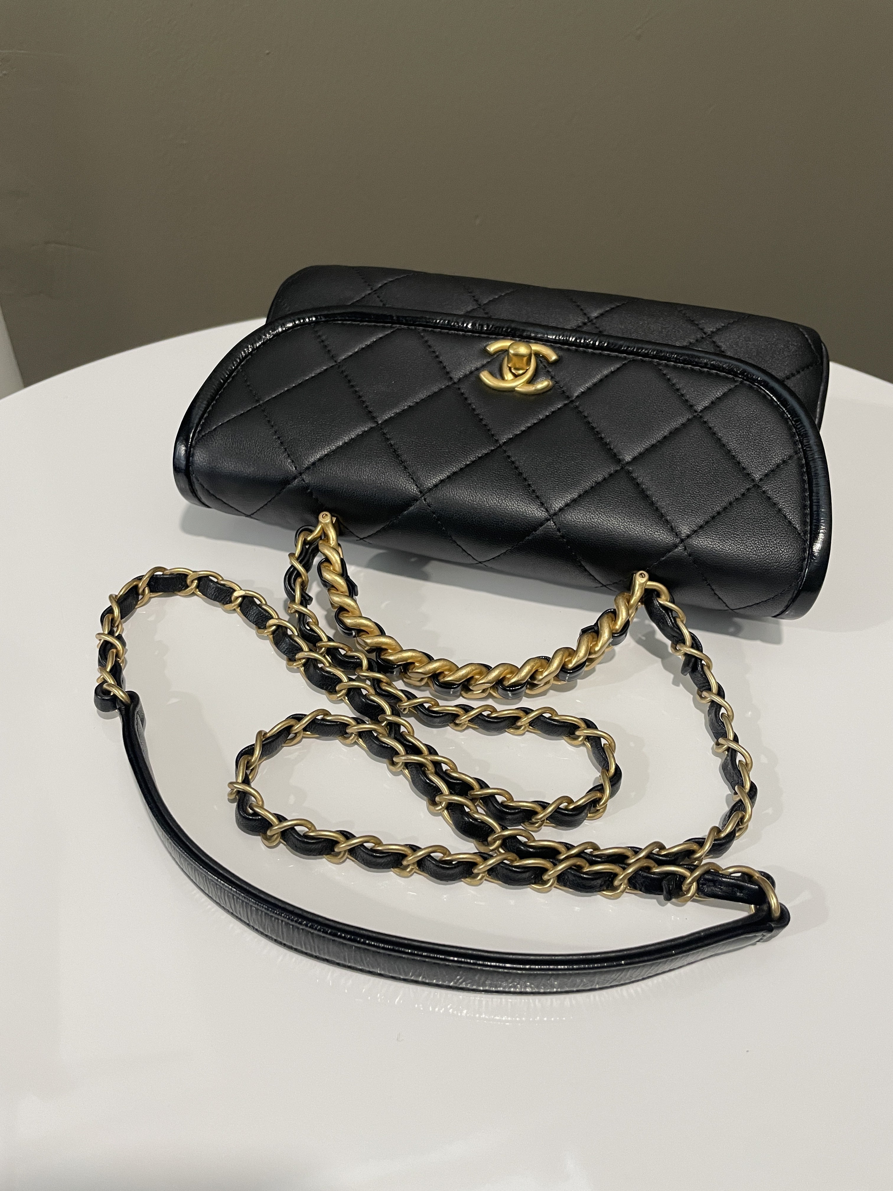 Chanel Quilted Chain Top Handle Flap Black Calfskin