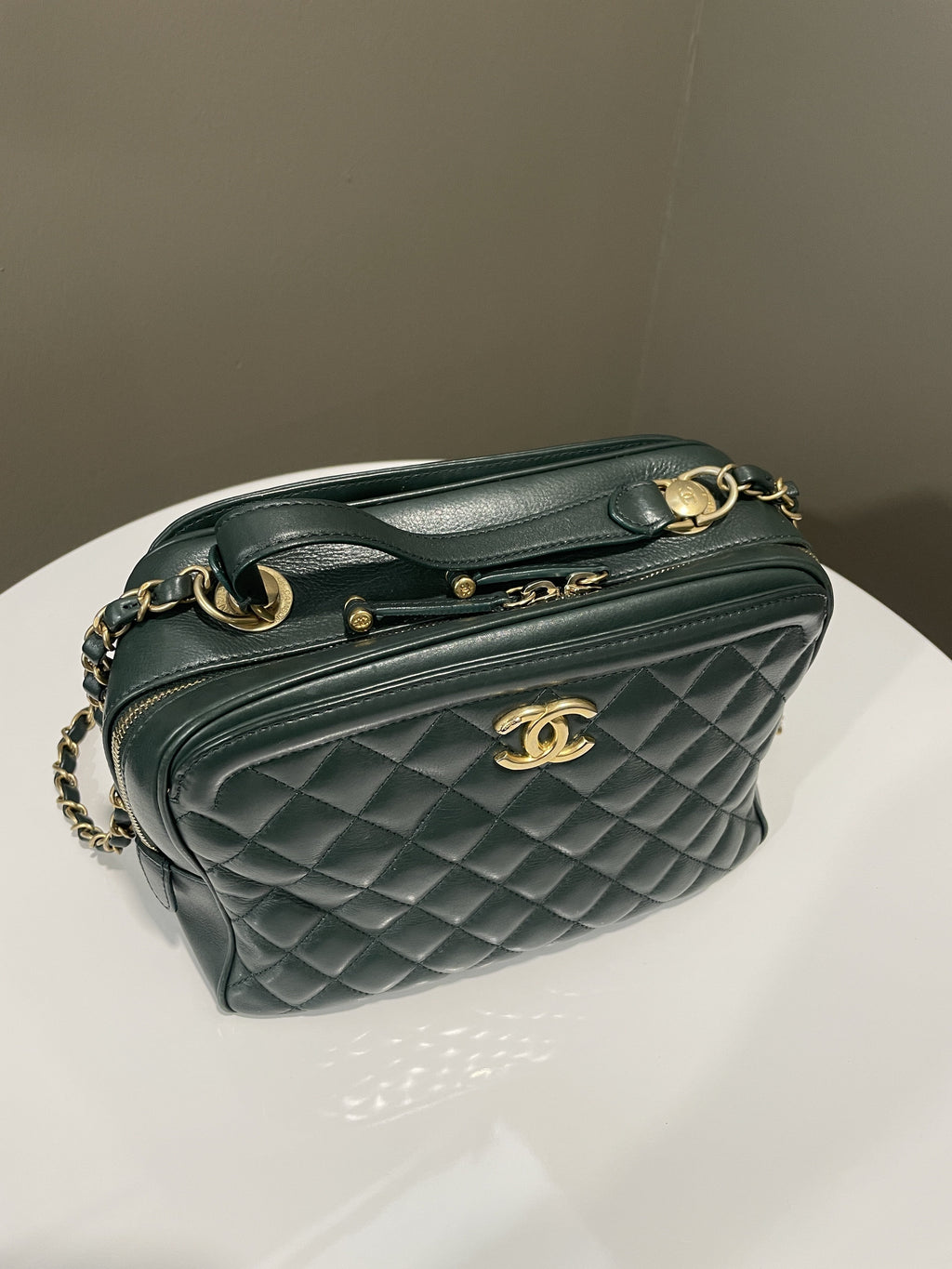 Chanel Bowling Vanity Handle Bag Forest Green Calfskin