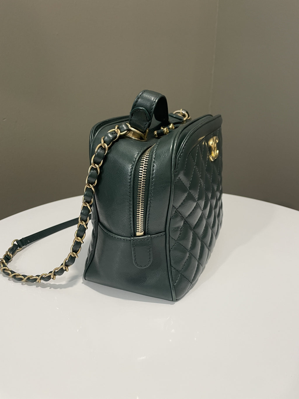 Chanel Bowling Vanity Handle Bag Forest Green Calfskin