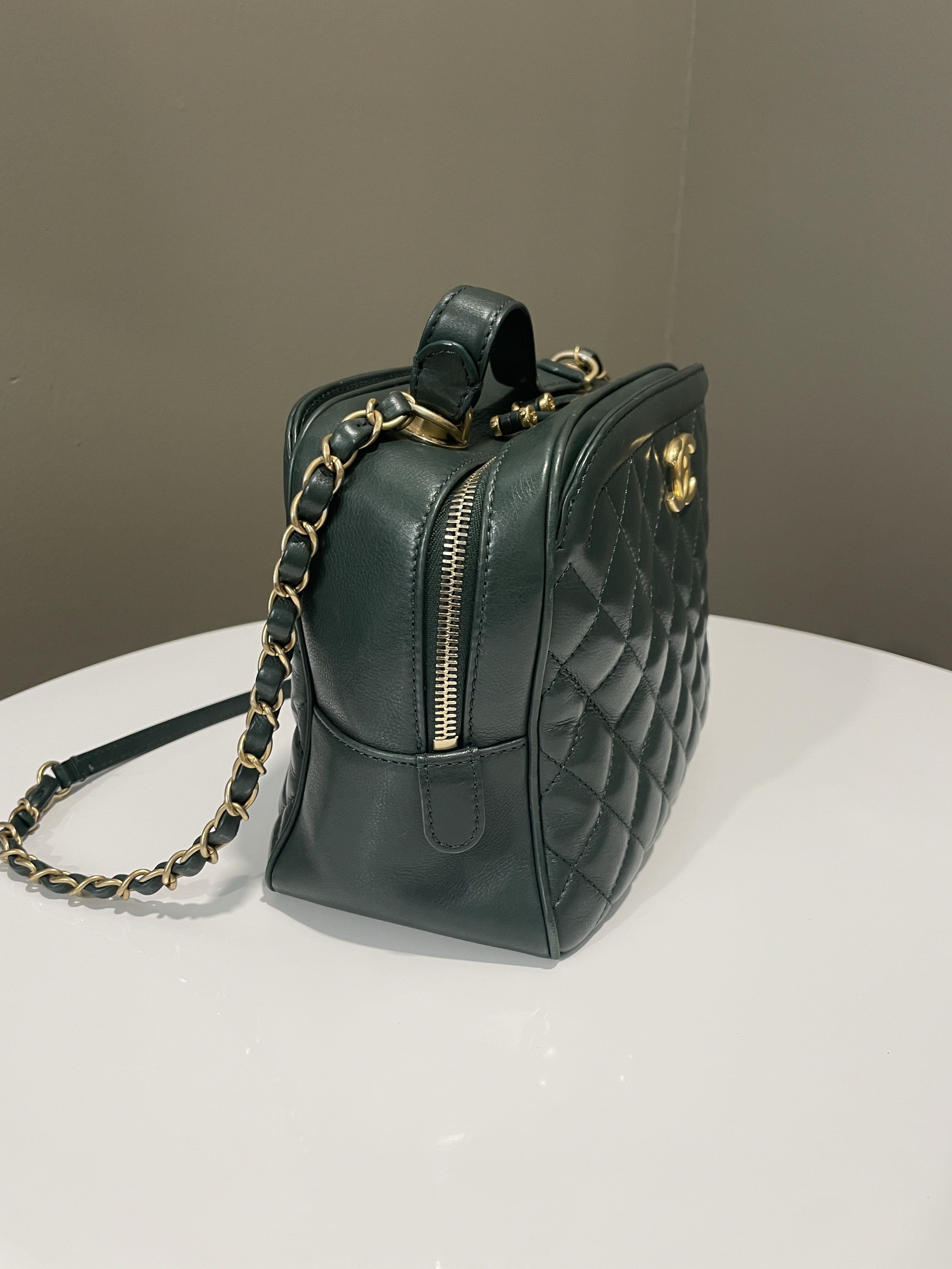 Chanel Bowling Vanity Handle Bag Forest Green Calfskin