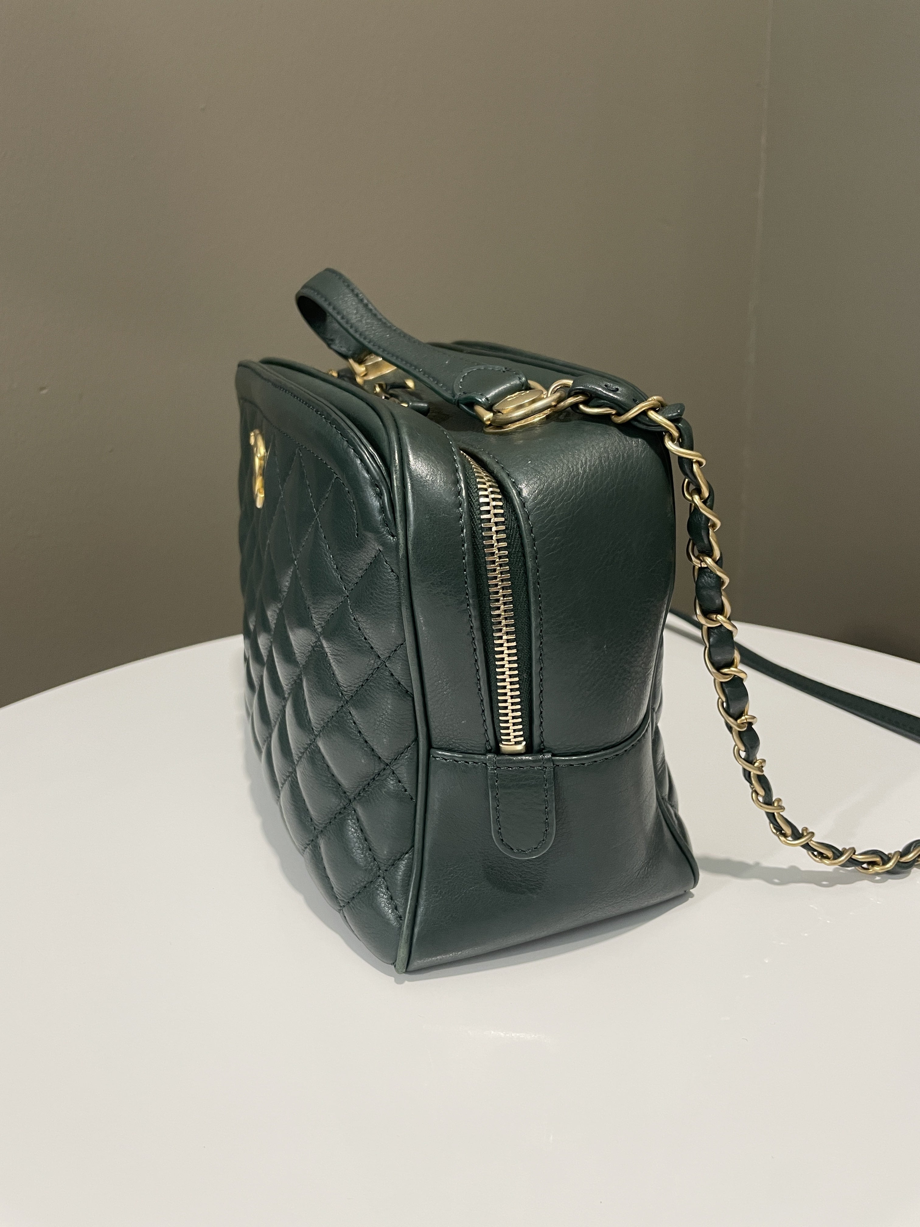 Chanel Bowling Vanity Handle Bag Forest Green Calfskin