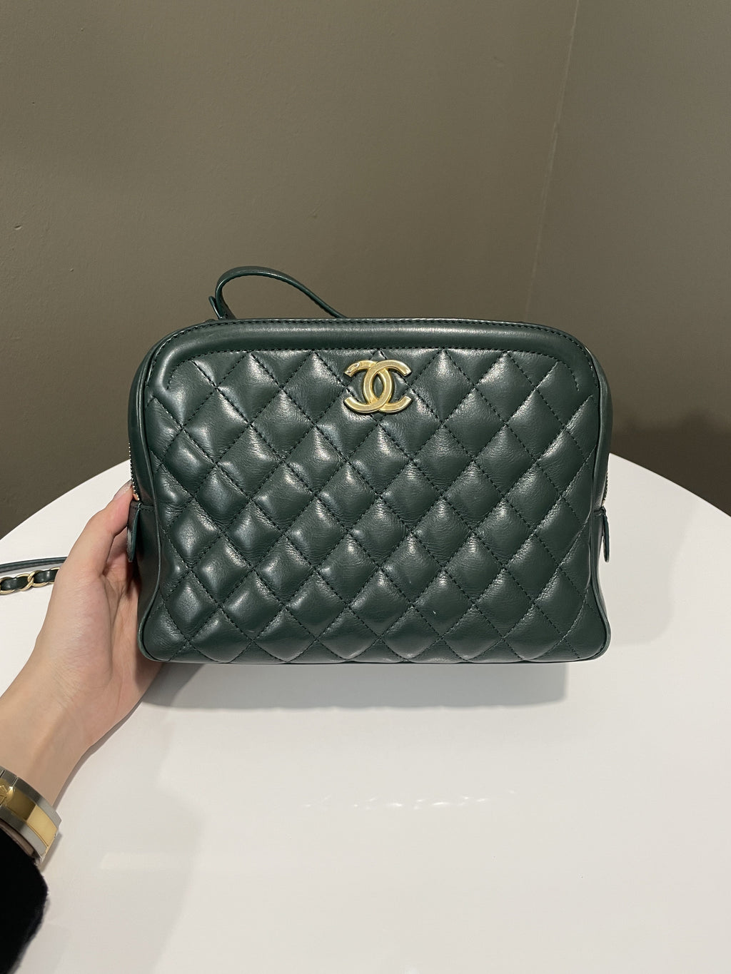 Chanel Bowling Vanity Handle Bag Forest Green Calfskin