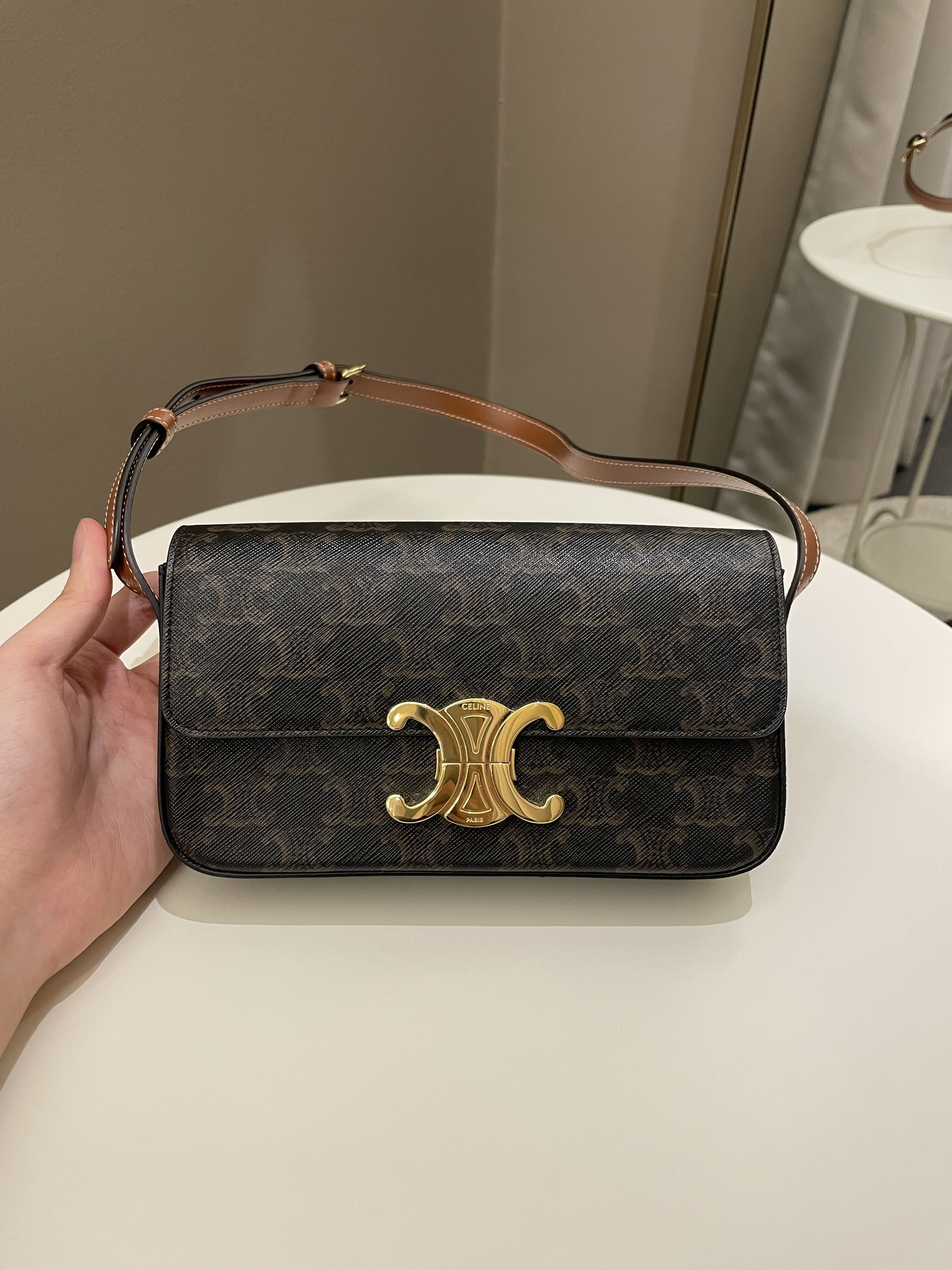 Celine Triomphere Shoulder Bag Tan Canvas/ Calfskin