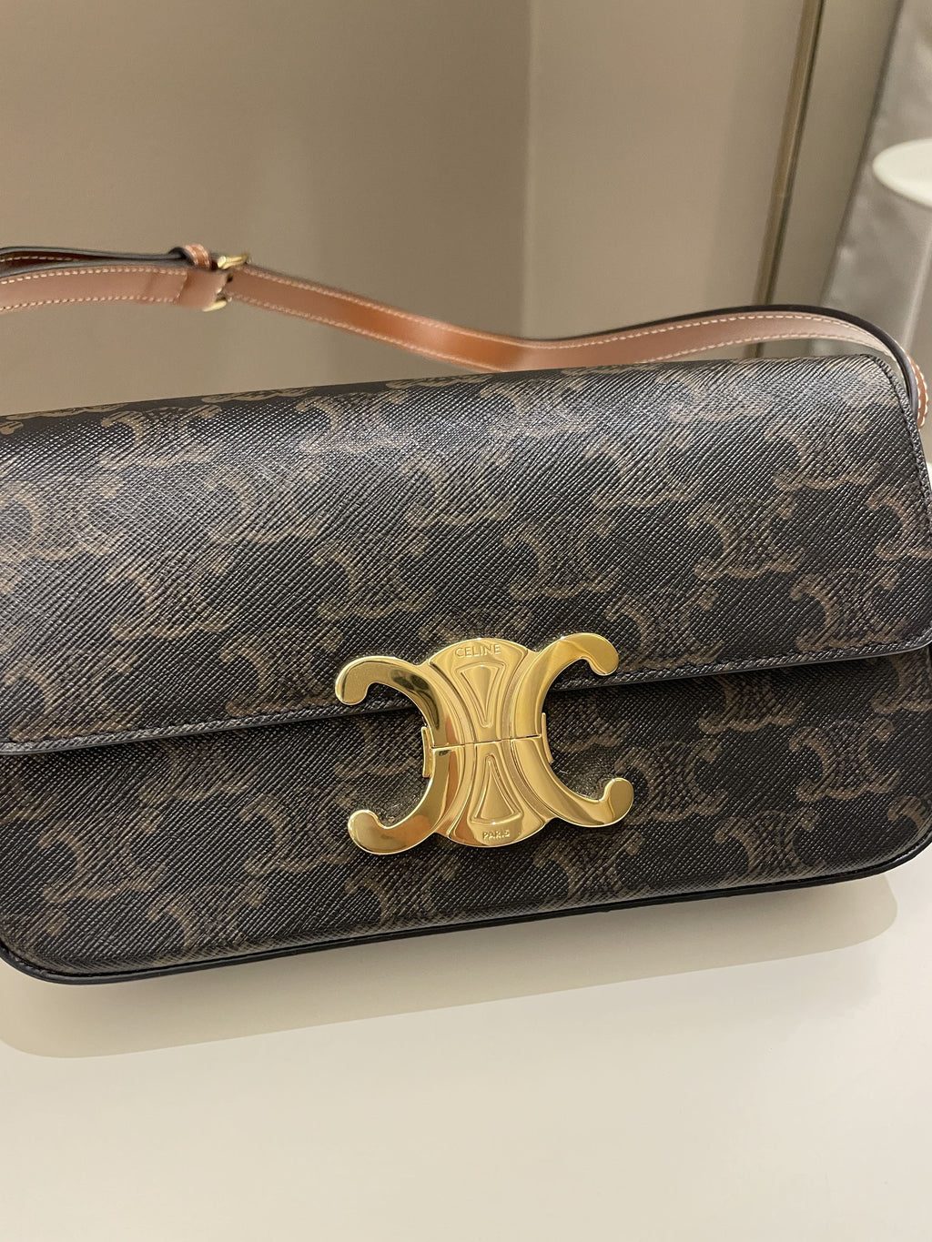 Celine Triomphere Shoulder Bag Tan Canvas/ Calfskin