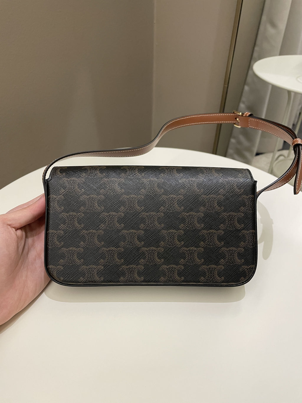 Celine Triomphere Shoulder Bag Tan Canvas/ Calfskin