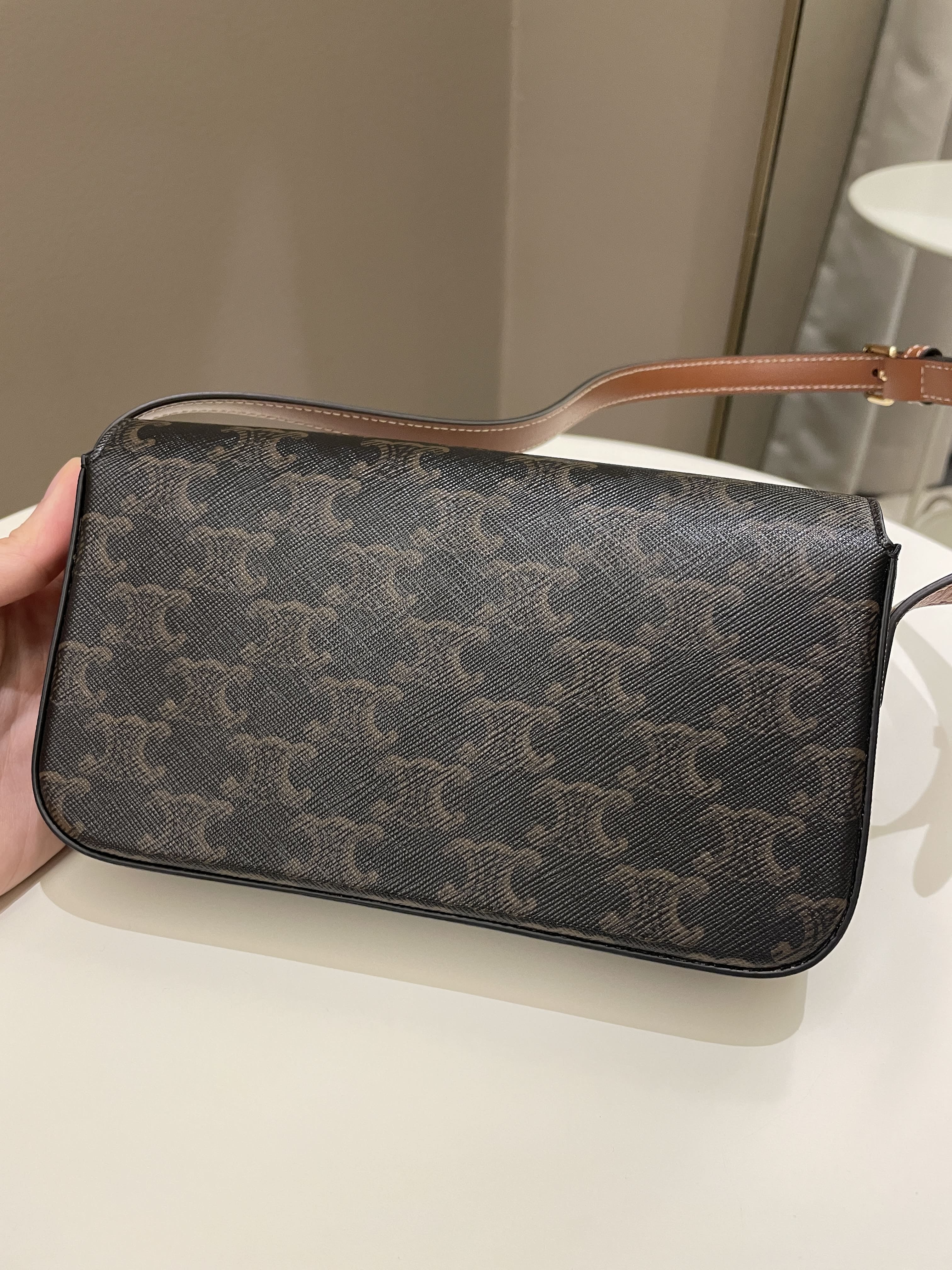 Celine Triomphere Shoulder Bag Tan Canvas/ Calfskin