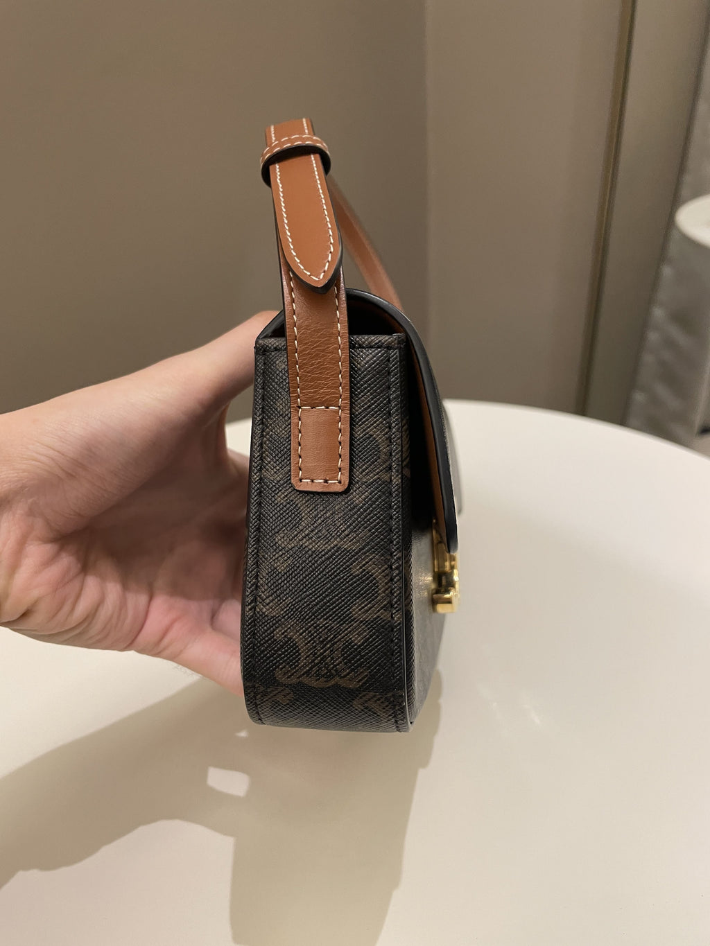 Celine Triomphere Shoulder Bag Tan Canvas/ Calfskin