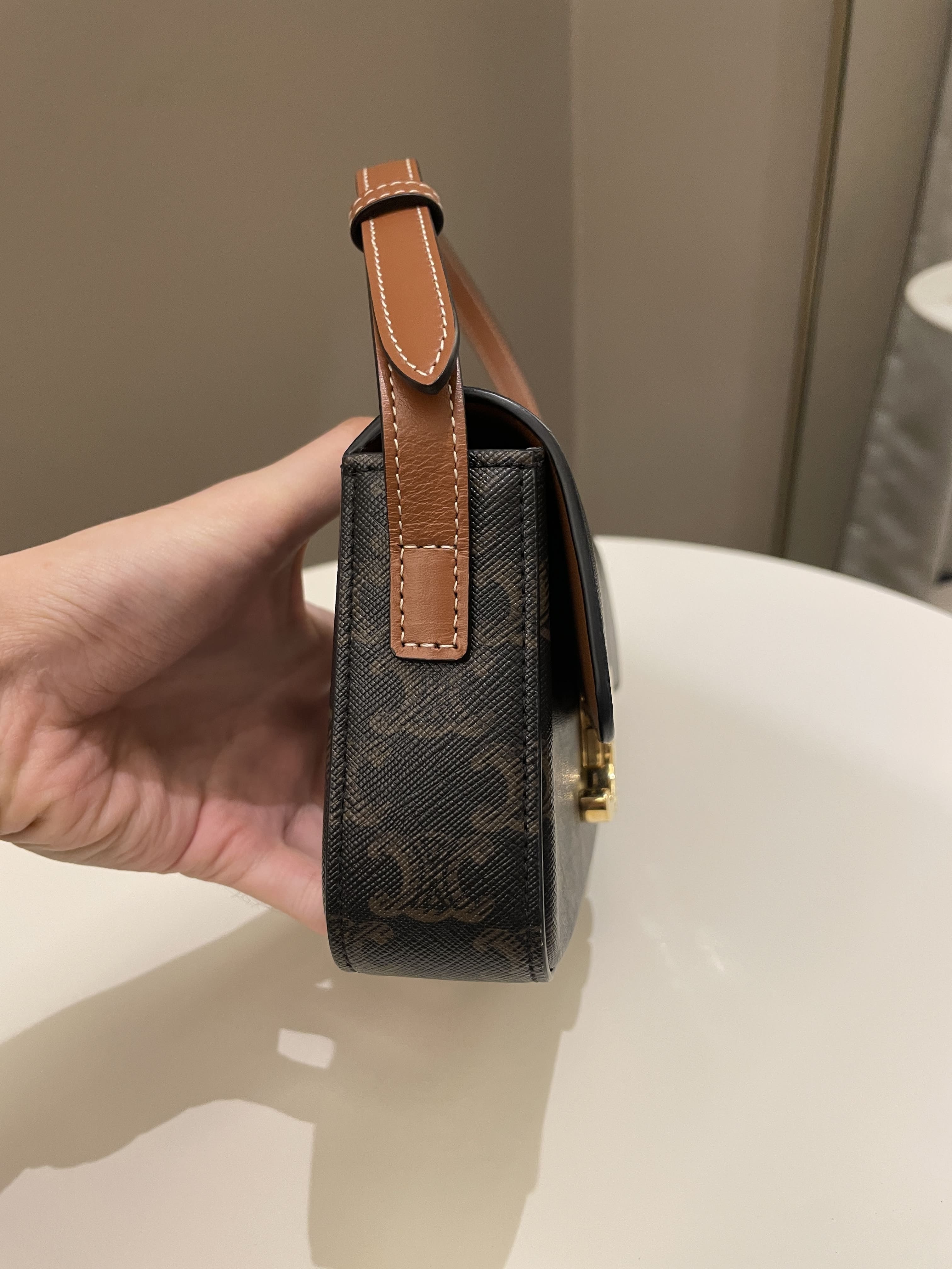 Celine Triomphere Shoulder Bag Tan Canvas/ Calfskin