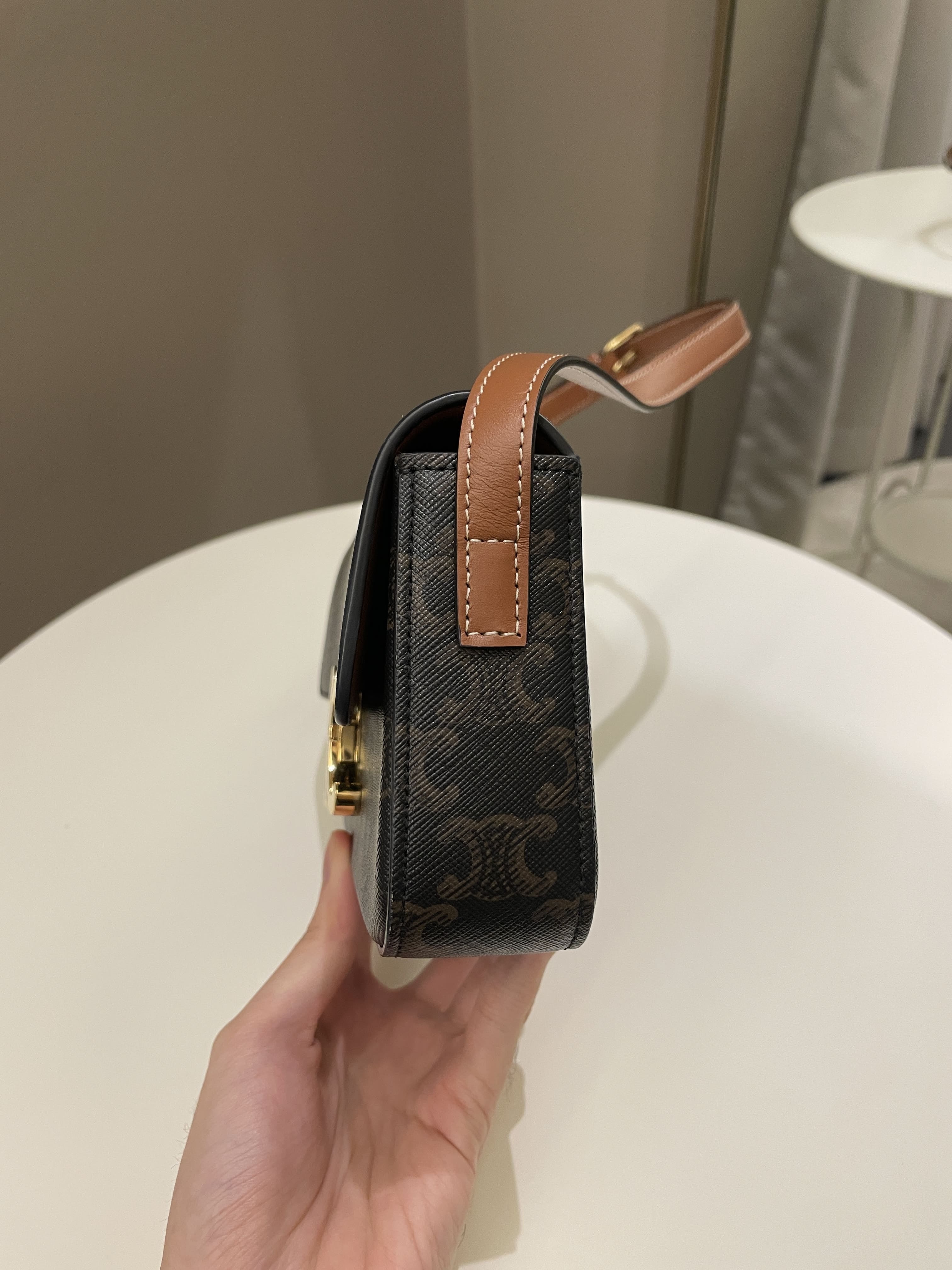 Celine Triomphere Shoulder Bag Tan Canvas/ Calfskin