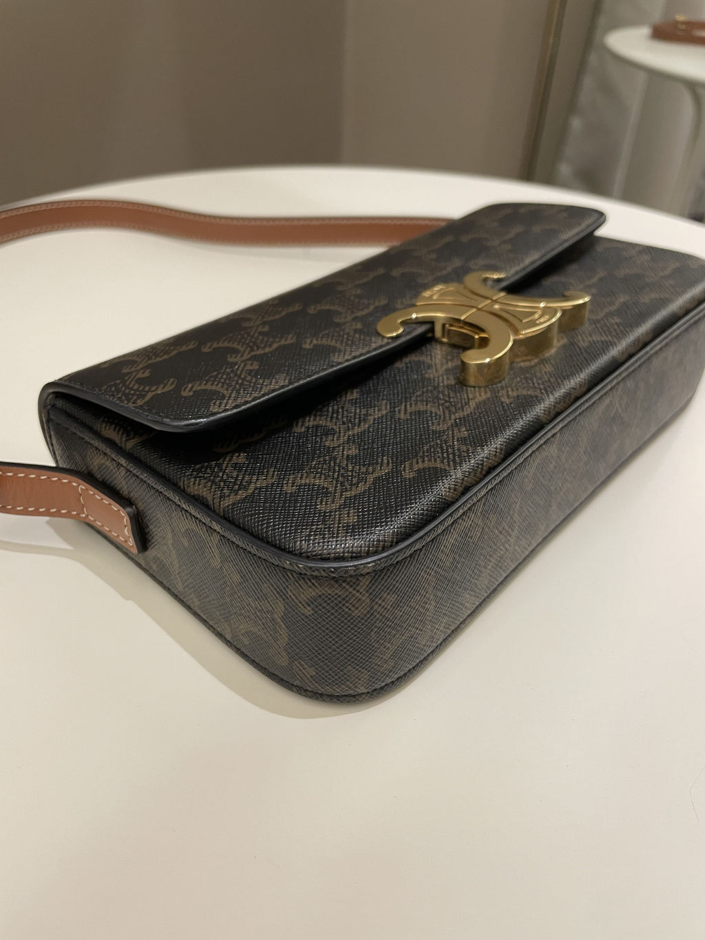 Celine Triomphere Shoulder Bag Tan Canvas/ Calfskin