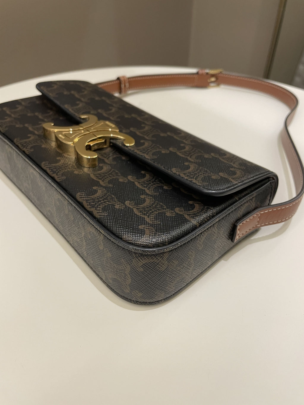 Celine Triomphere Shoulder Bag Tan Canvas/ Calfskin