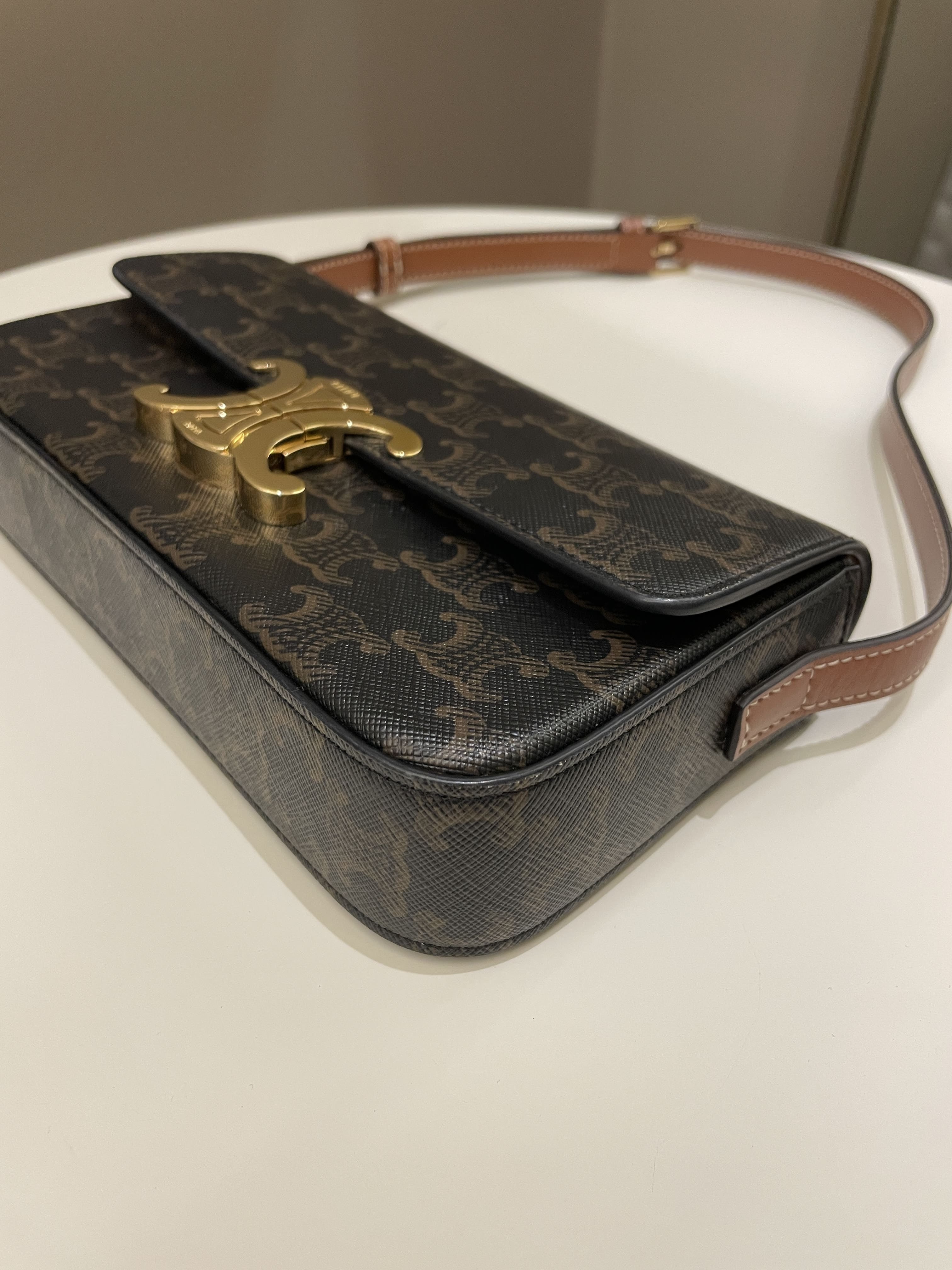 Celine Triomphere Shoulder Bag Tan Canvas/ Calfskin