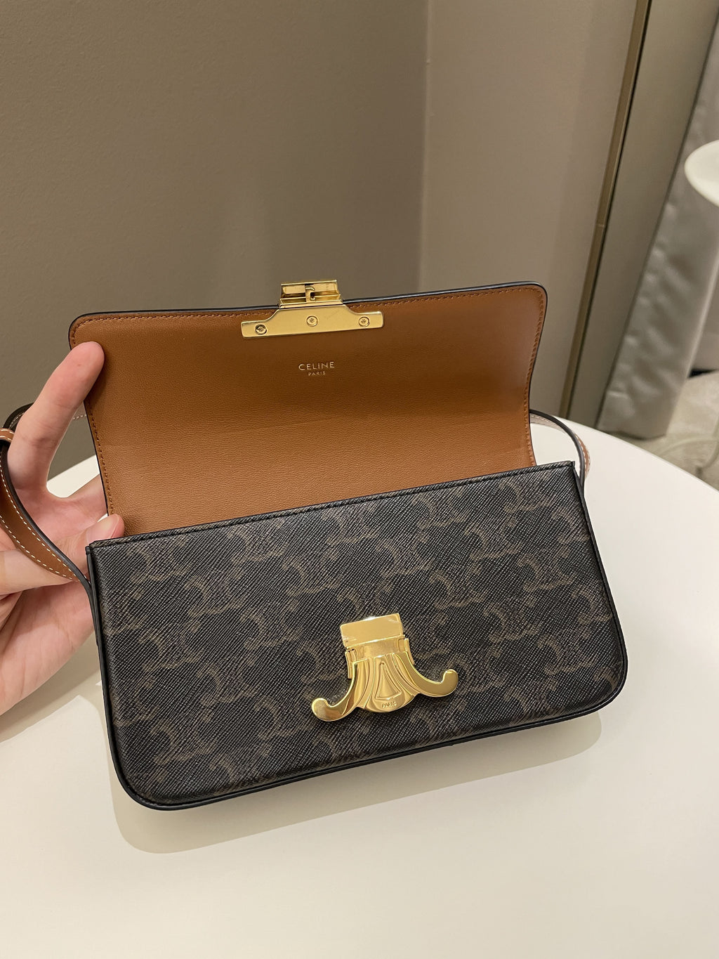 Celine Triomphere Shoulder Bag Tan Canvas/ Calfskin