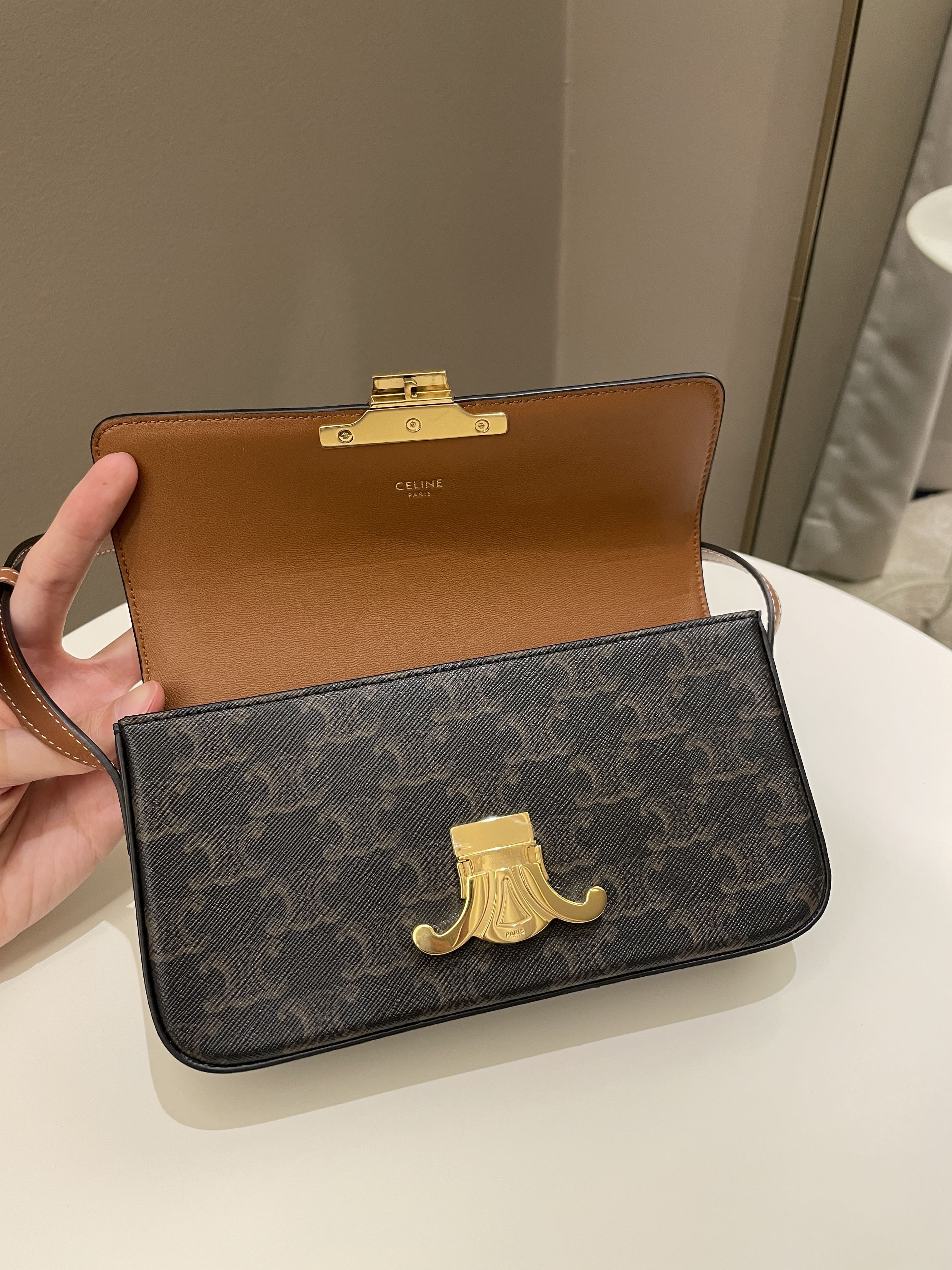 Celine Triomphere Shoulder Bag Tan Canvas/ Calfskin