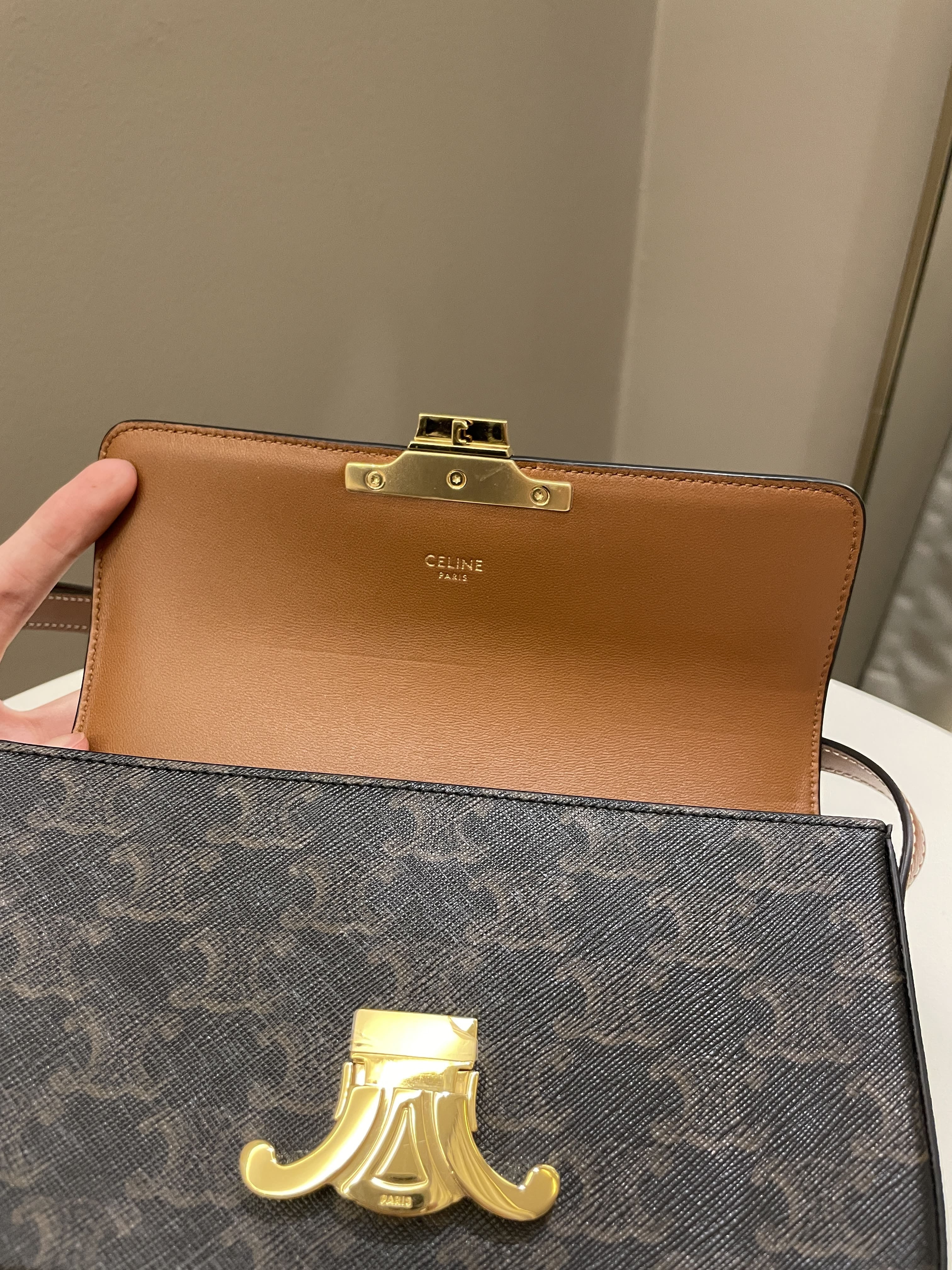Celine Triomphere Shoulder Bag Tan Canvas/ Calfskin