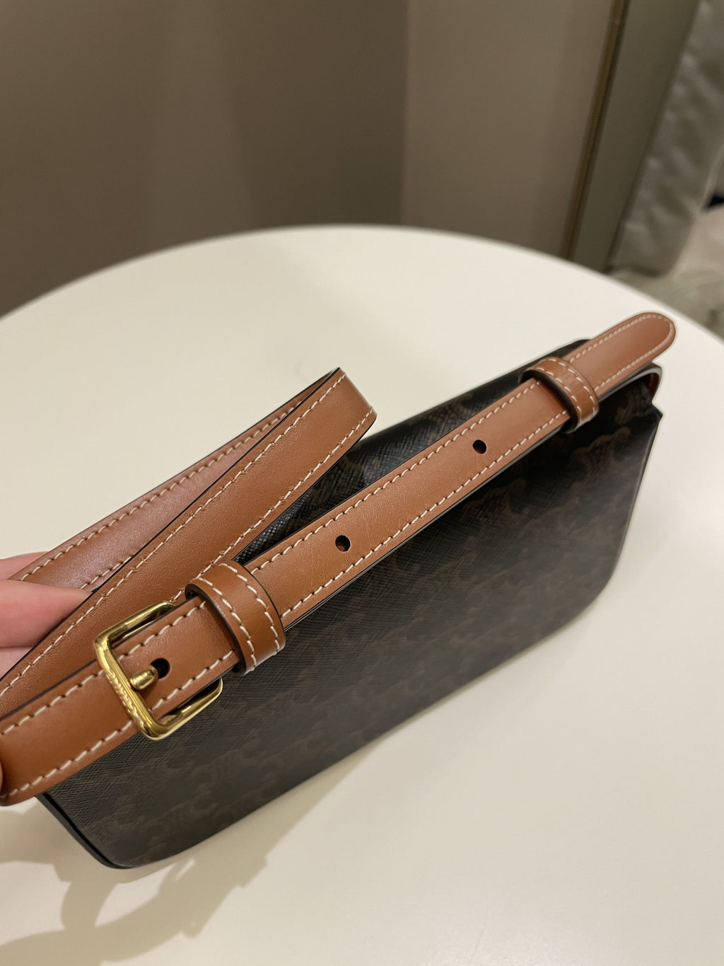 Celine Triomphere Shoulder Bag Tan Canvas/ Calfskin