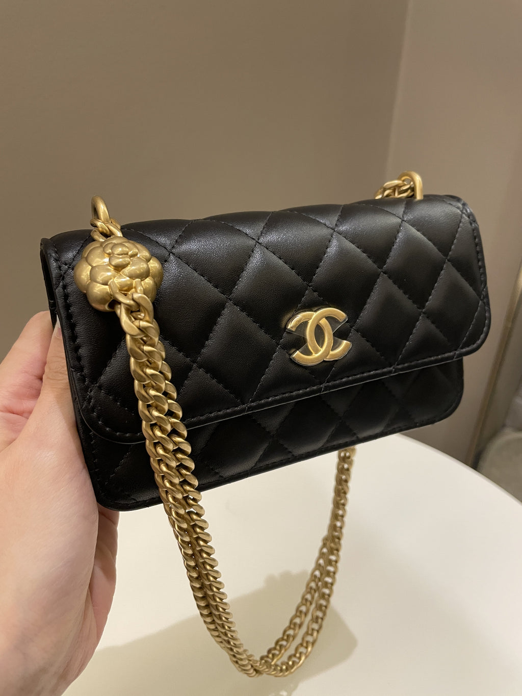 Chanel Camellia Pearl Crush Clutch on Chain Black