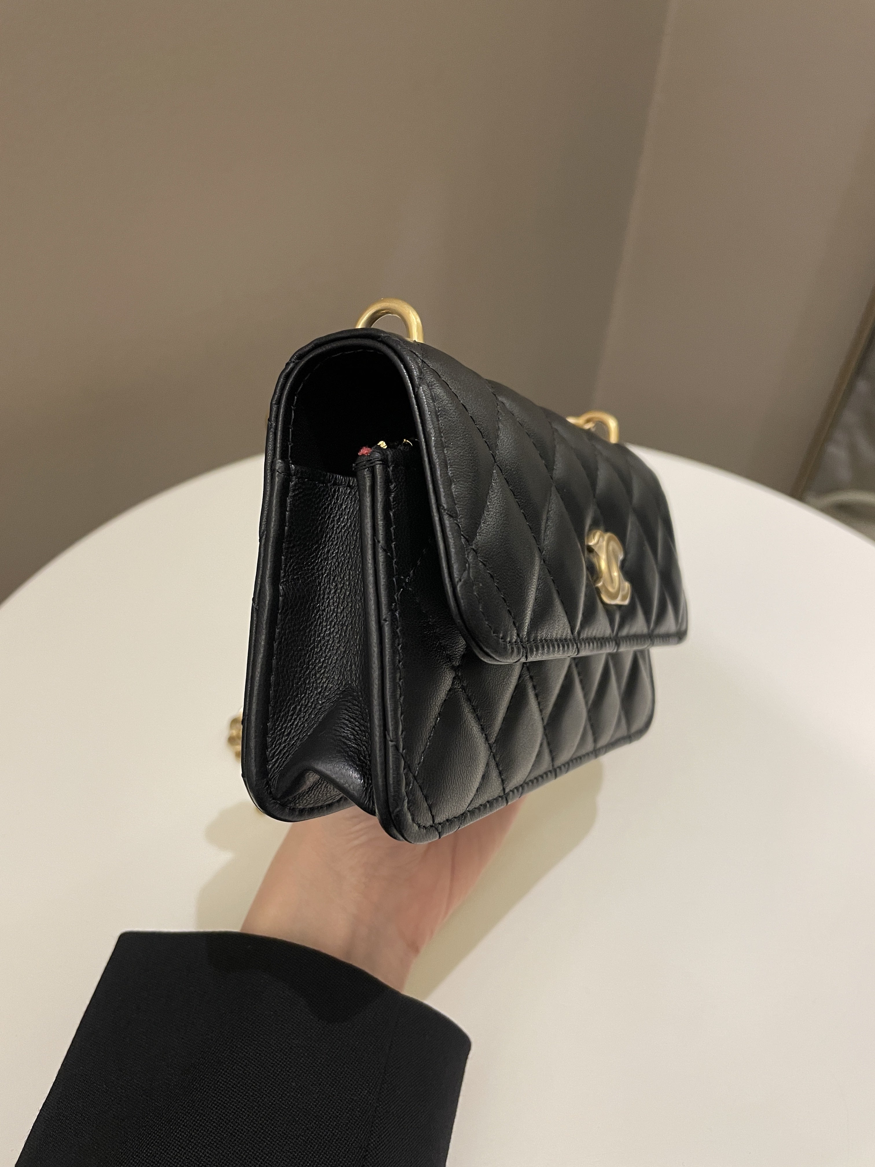 Chanel Camellia Pearl Crush Clutch on Chain Black