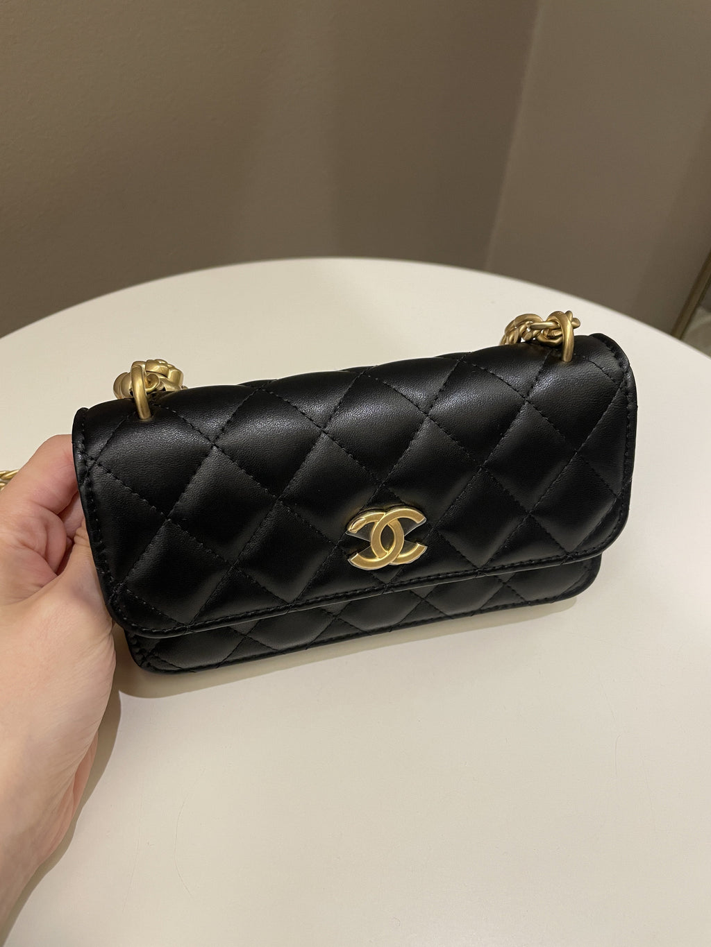 Chanel Camellia Pearl Crush Clutch on Chain Black