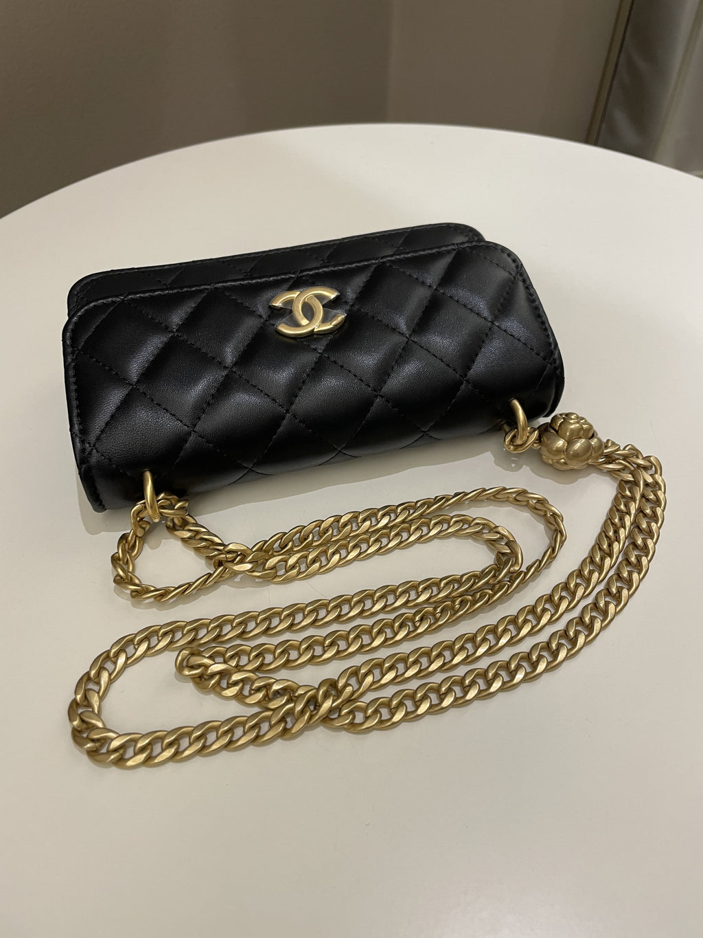 Chanel Camellia Pearl Crush Clutch on Chain Black
