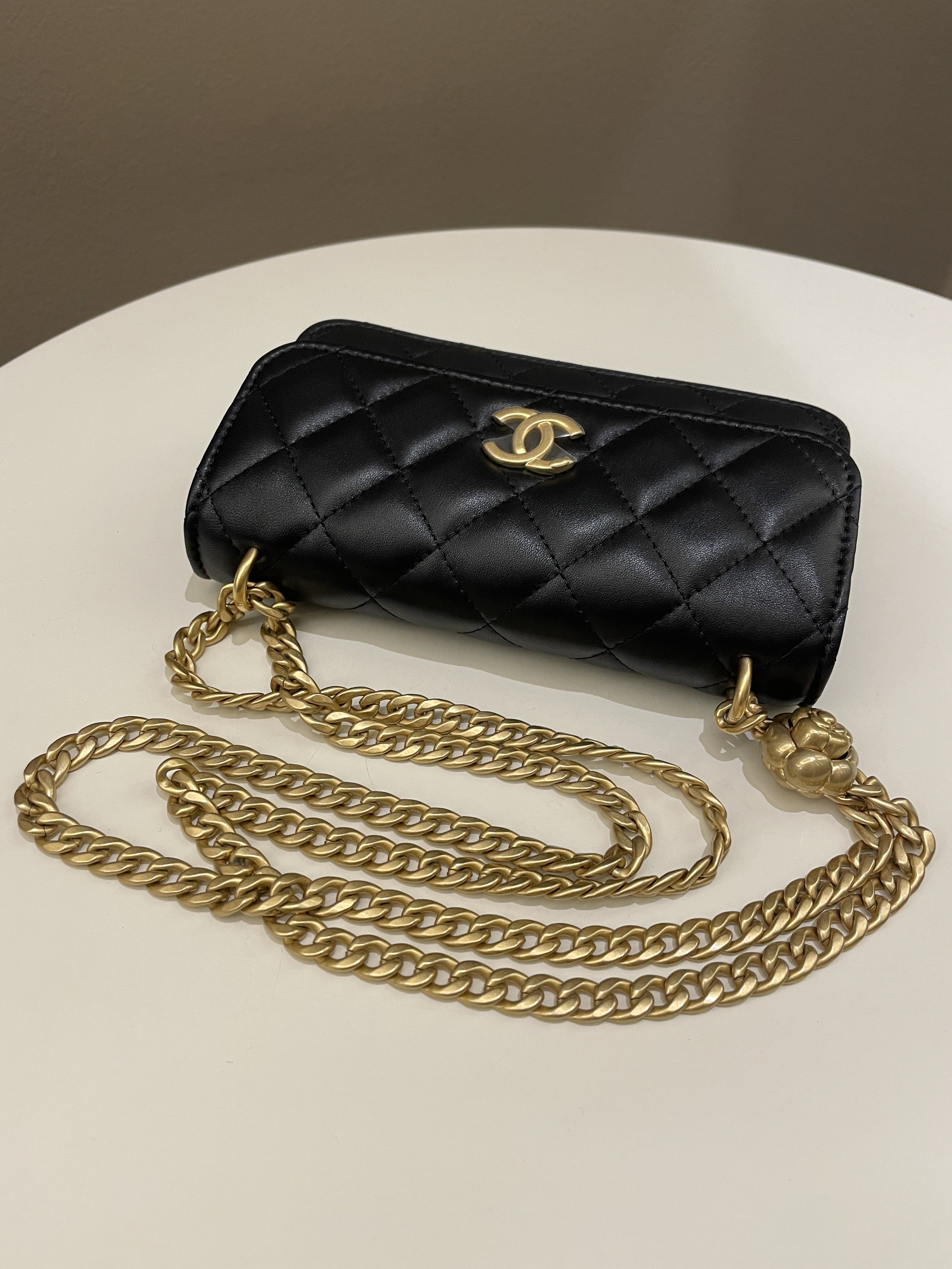 Chanel Camellia Pearl Crush Clutch on Chain Black