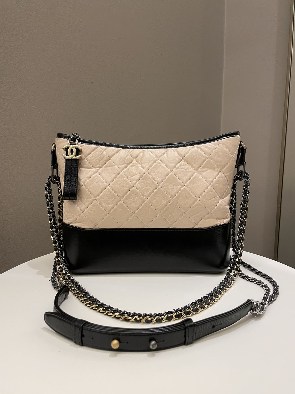 Chanel Quilted Gabrielle Hobo Beige / Black Aged Calfskin