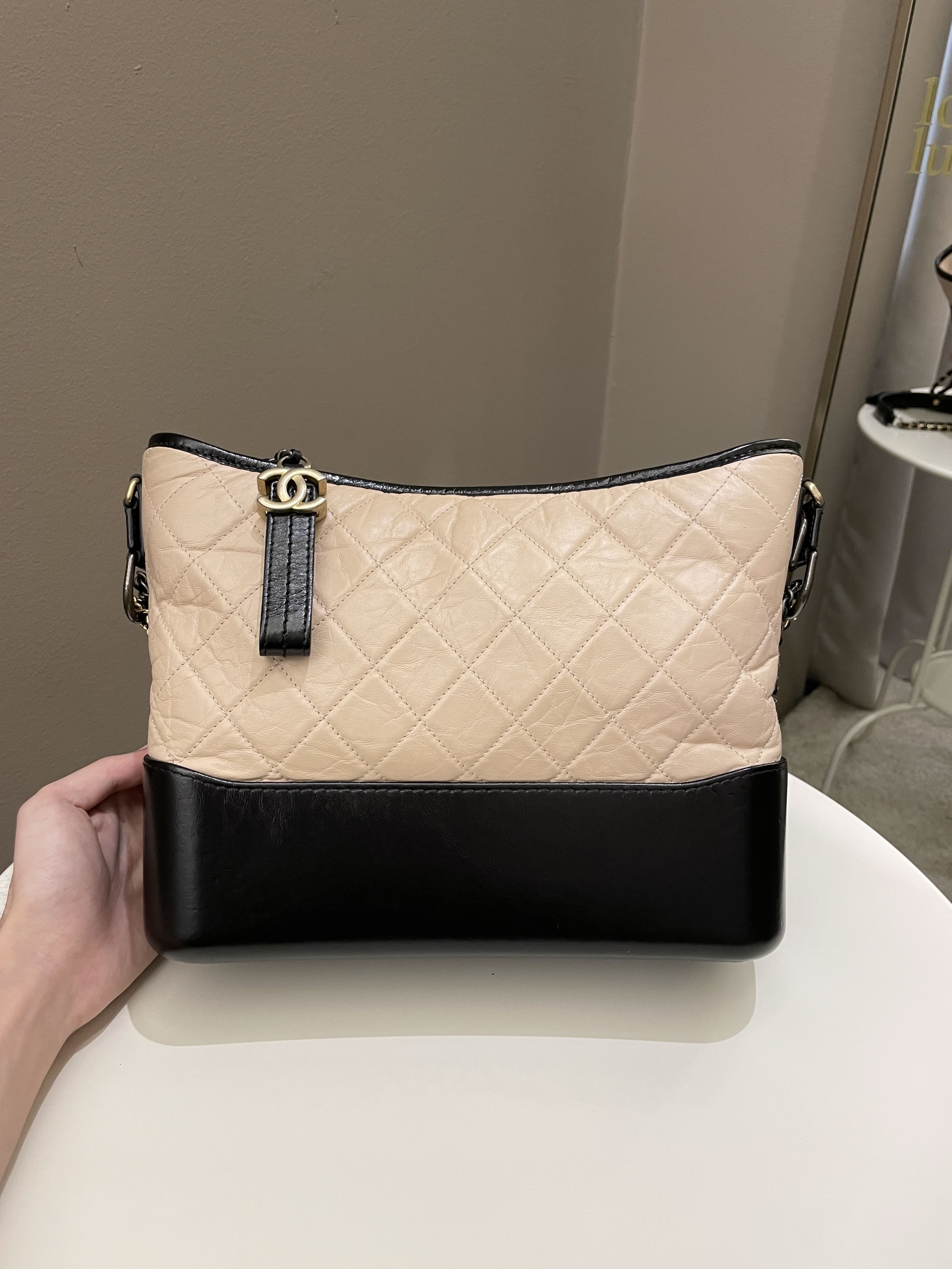 Chanel Quilted Gabrielle Hobo Beige / Black Aged Calfskin