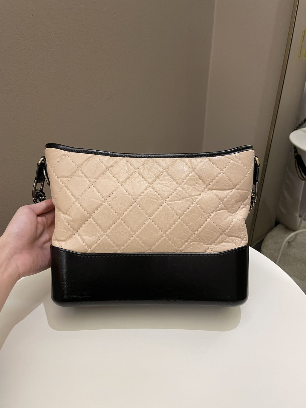 Chanel Quilted Gabrielle Hobo Beige / Black Aged Calfskin