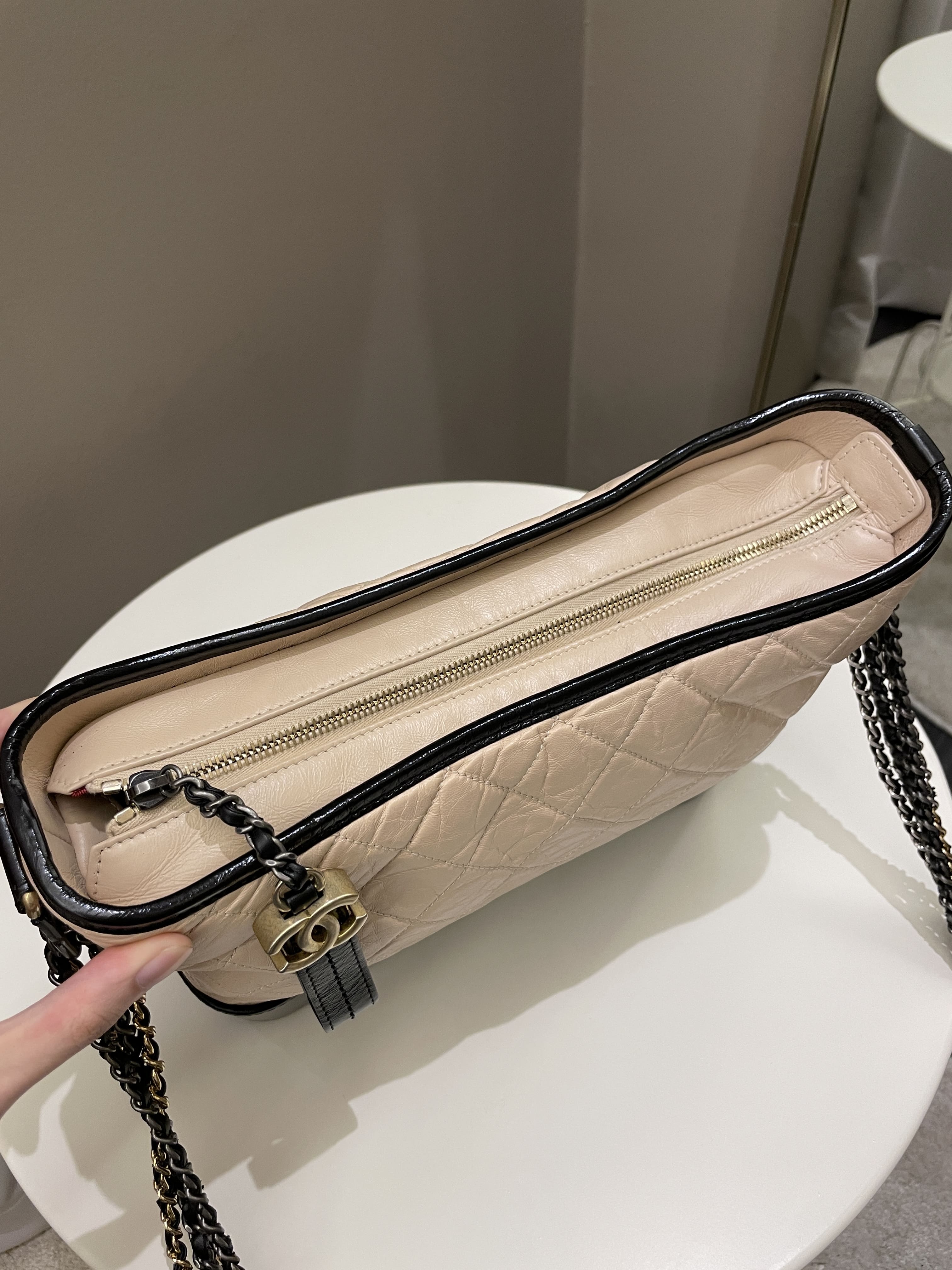 Chanel Quilted Gabrielle Hobo Beige / Black Aged Calfskin