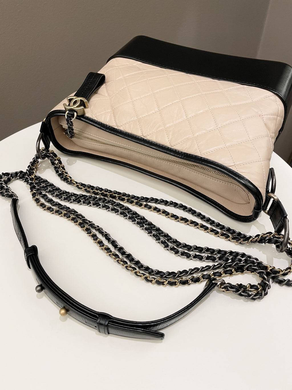 Chanel Quilted Gabrielle Hobo Beige / Black Aged Calfskin