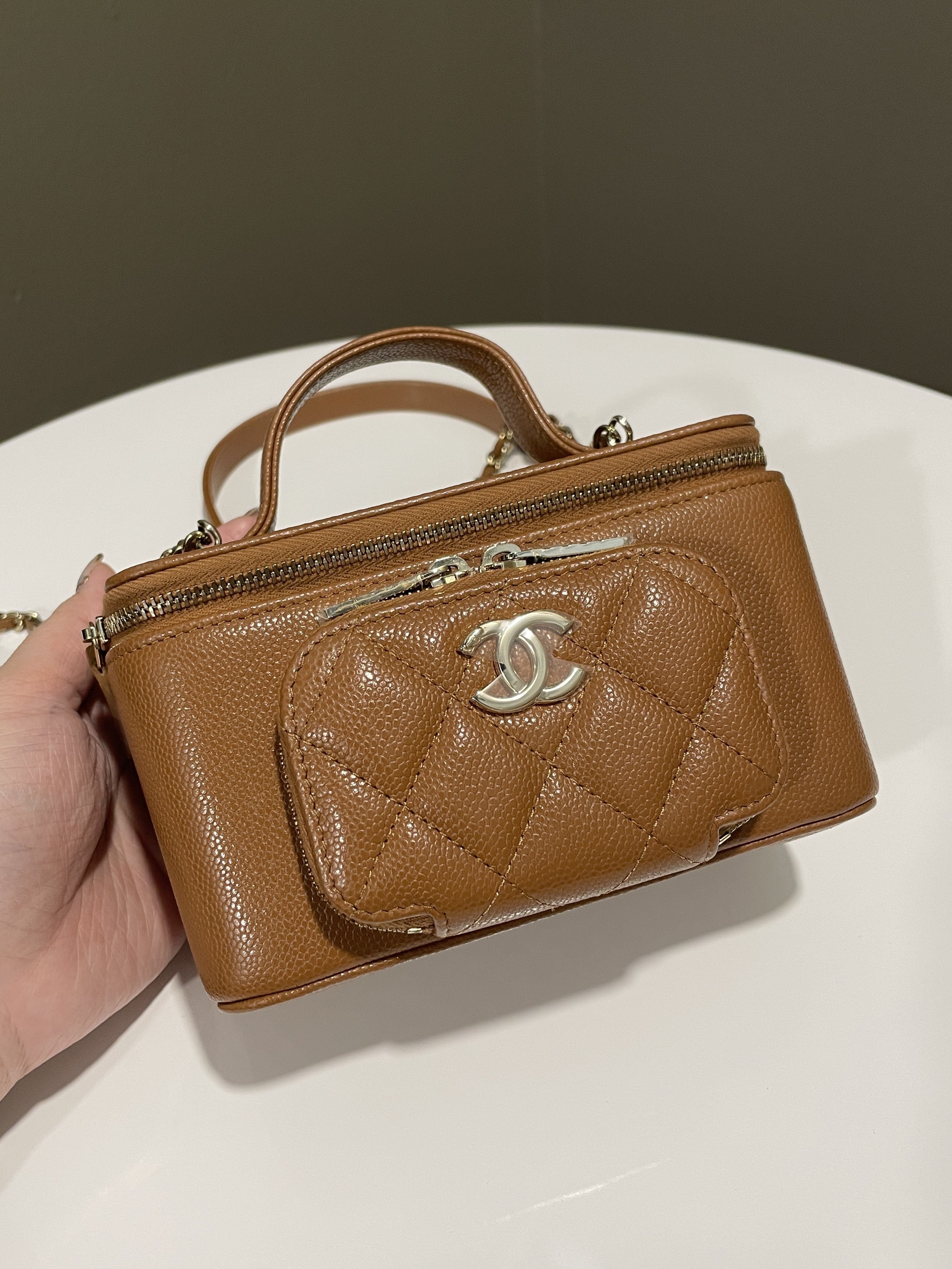 Chanel 23P Business Affinity Top Handle Vanity Rectangular Tan Caviar