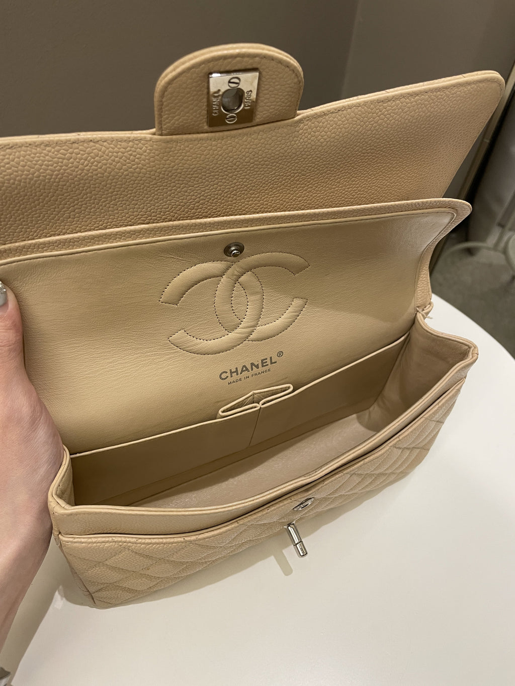 Chanel Classic Quilted Medium Double Flap Beige Caviar