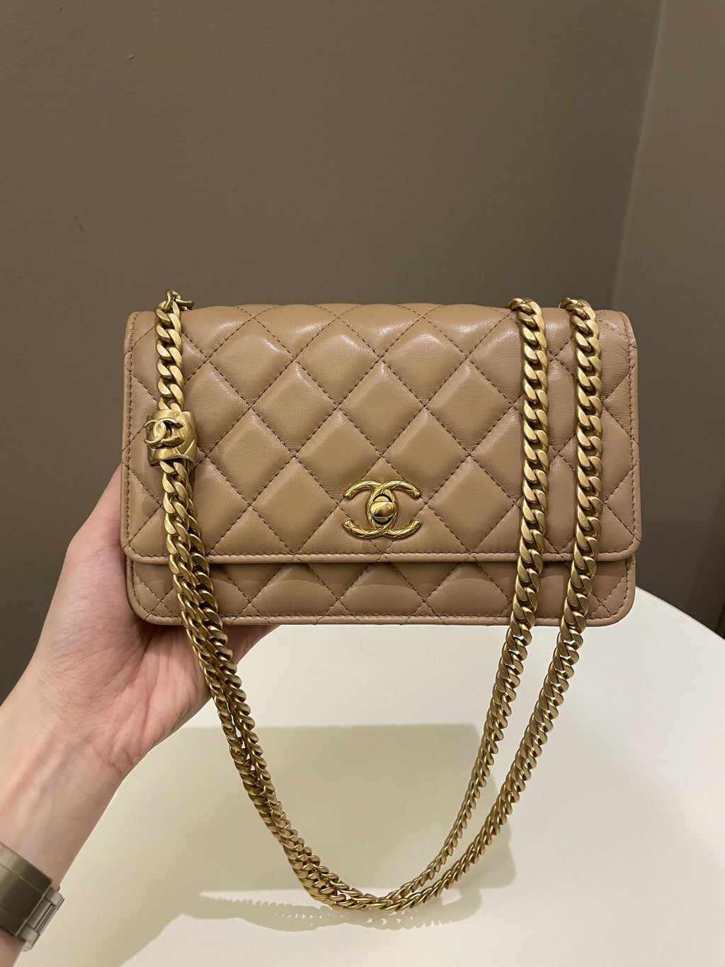 Chanel 22K Pearl Crush Wallet On Chain Dark Beige Lambskin