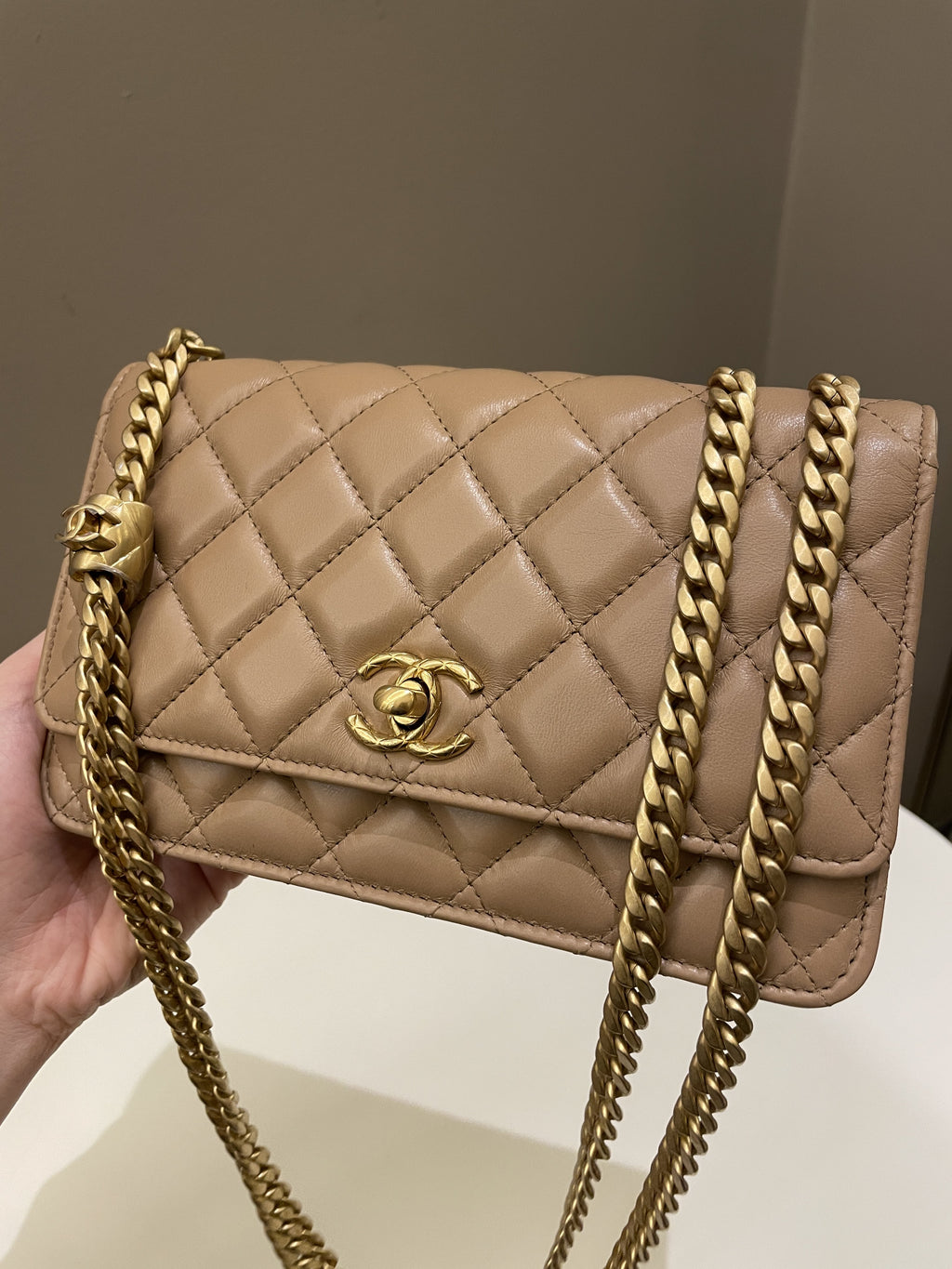 Chanel 22K Pearl Crush Wallet On Chain Dark Beige Lambskin