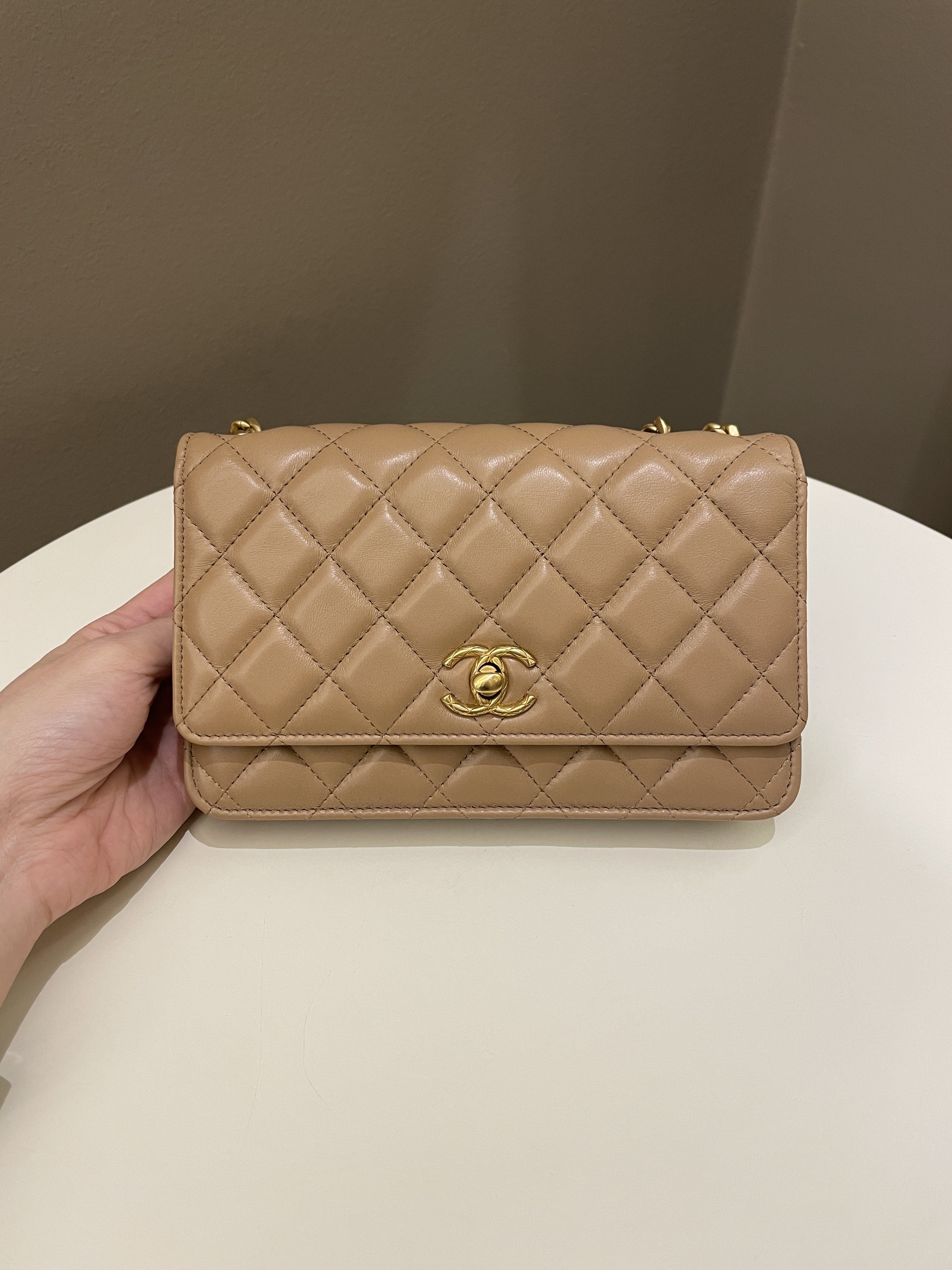 Chanel 22K Pearl Crush Wallet On Chain Dark Beige Lambskin