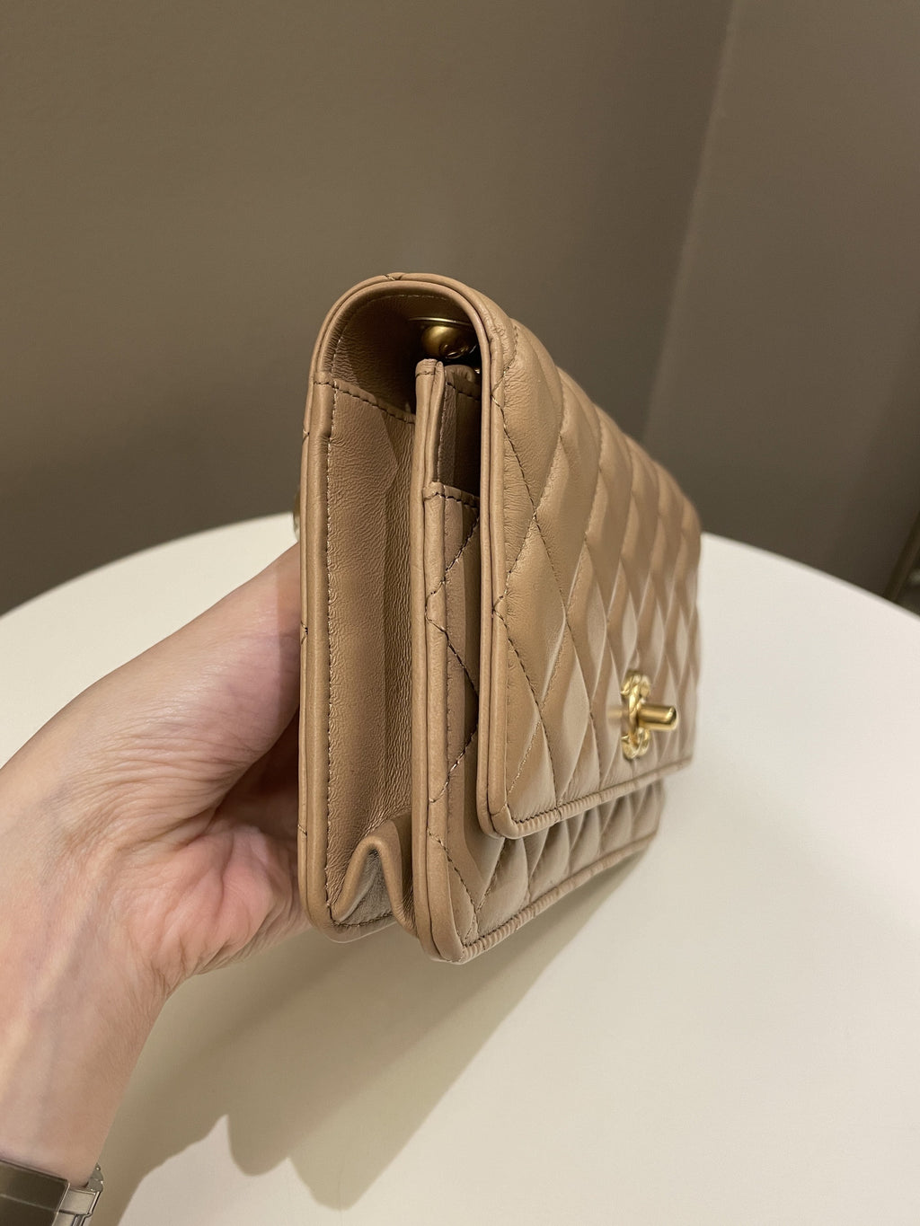 Chanel 22K Pearl Crush Wallet On Chain Dark Beige Lambskin