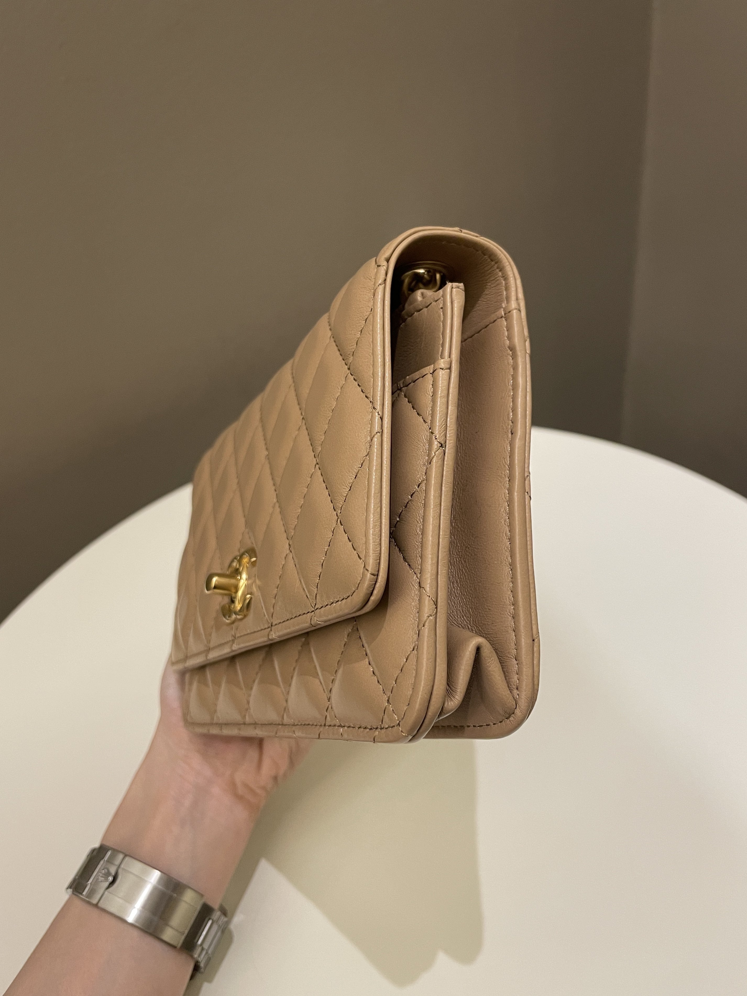 Chanel 22K Pearl Crush Wallet On Chain Dark Beige Lambskin