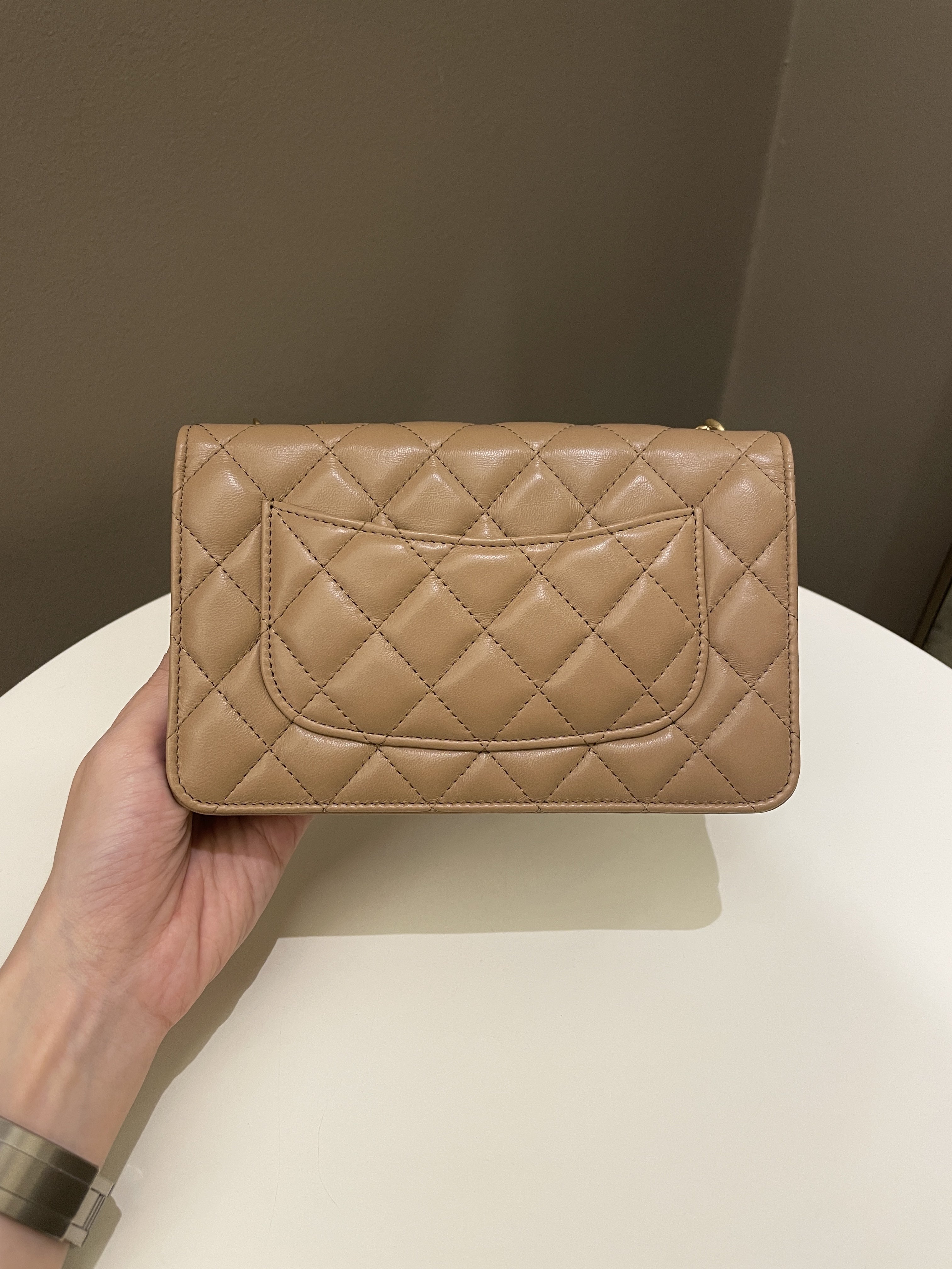 Chanel 22K Pearl Crush Wallet On Chain Dark Beige Lambskin