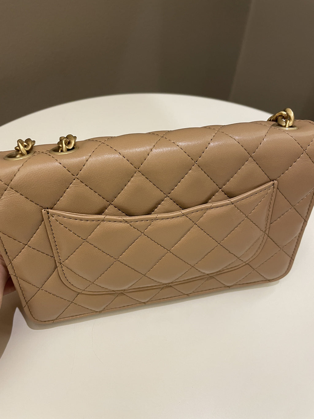 Chanel 22K Pearl Crush Wallet On Chain Dark Beige Lambskin