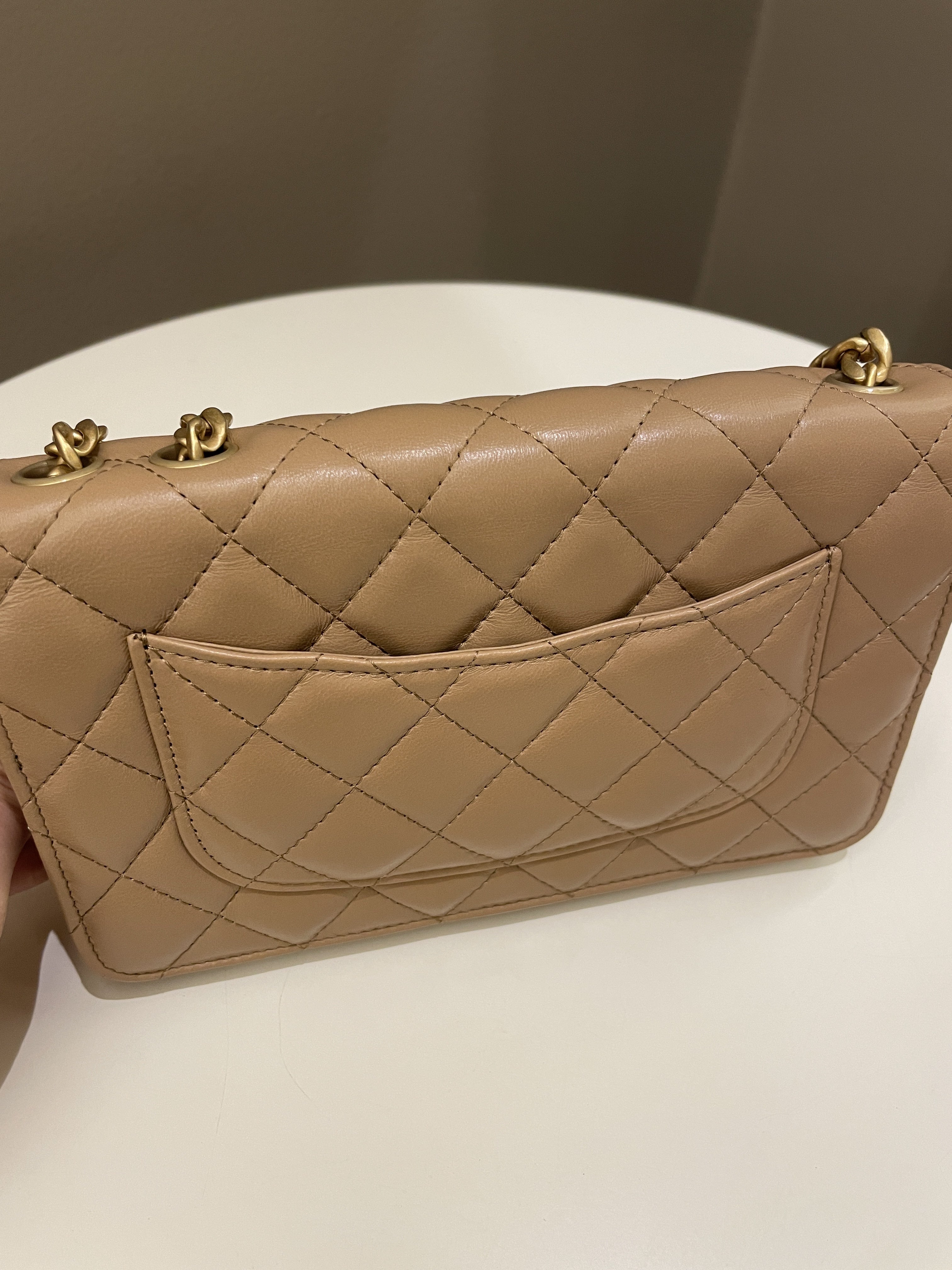 Chanel 22K Pearl Crush Wallet On Chain Dark Beige Lambskin