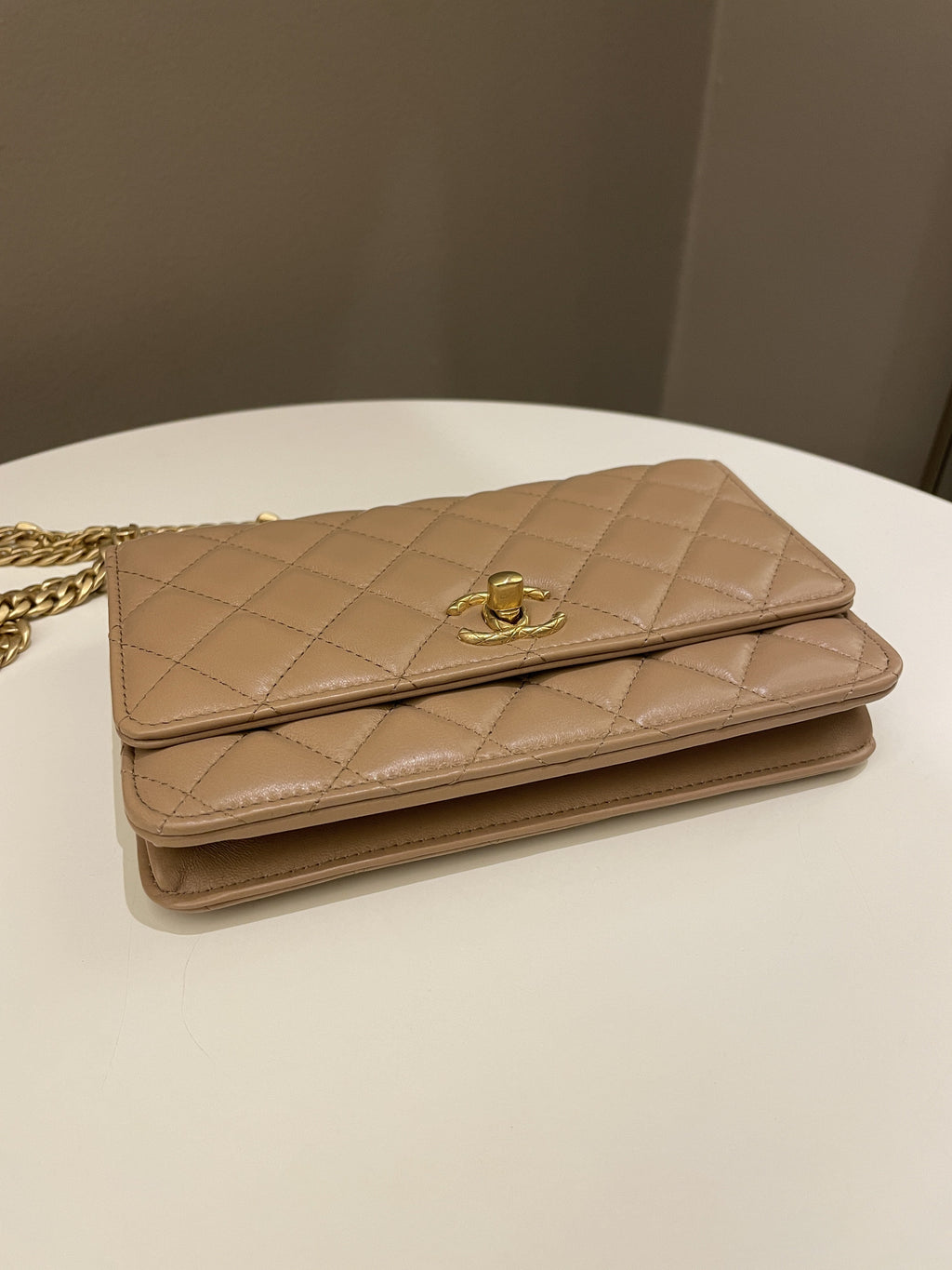 Chanel 22K Pearl Crush Wallet On Chain Dark Beige Lambskin