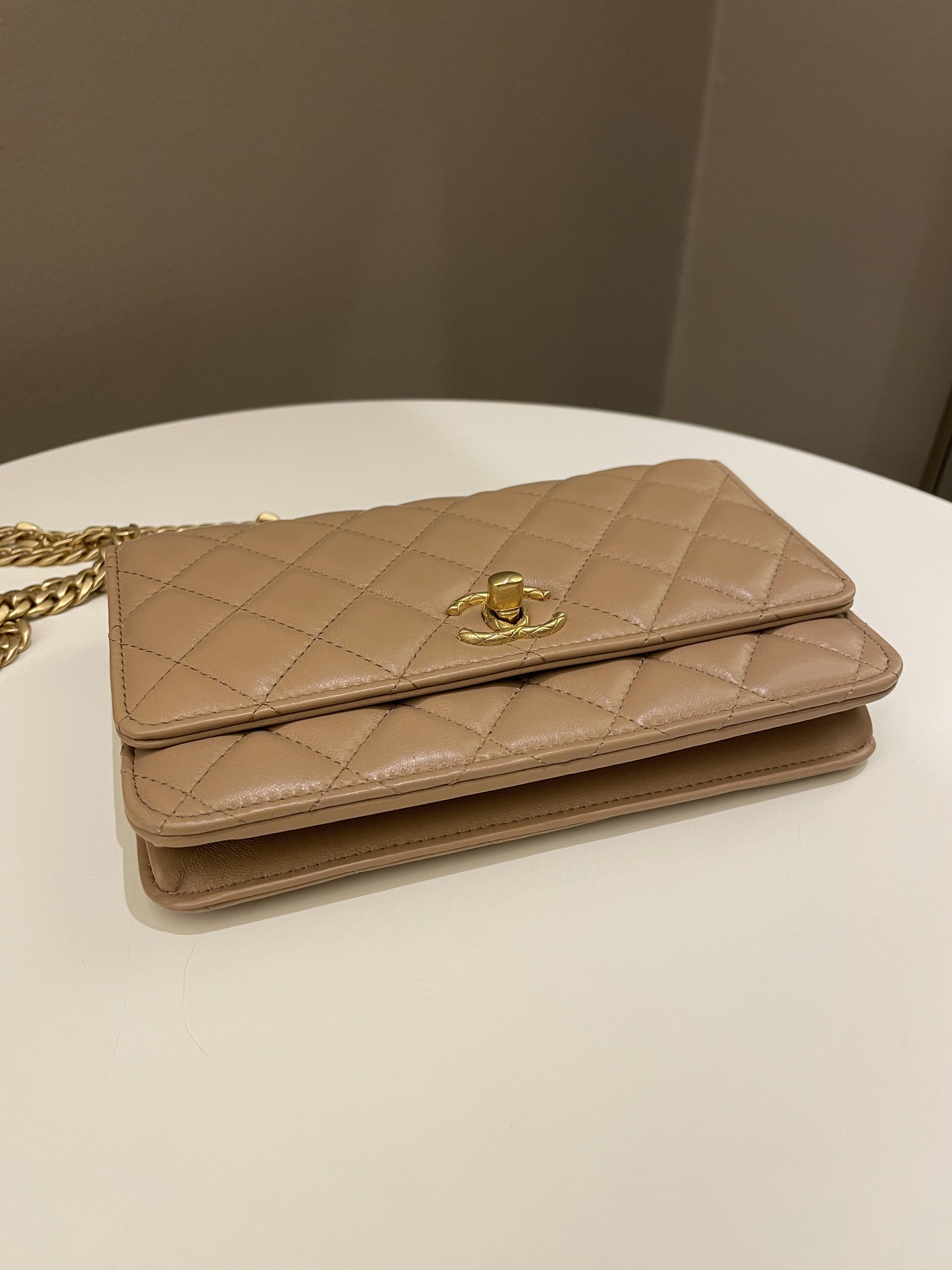 Chanel 22K Pearl Crush Wallet On Chain Dark Beige Lambskin