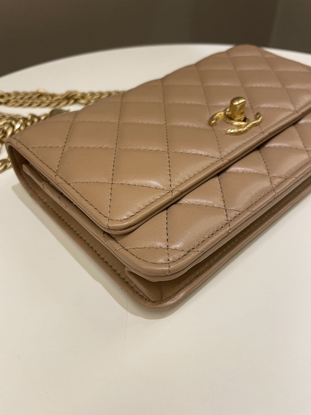 Chanel 22K Pearl Crush Wallet On Chain Dark Beige Lambskin